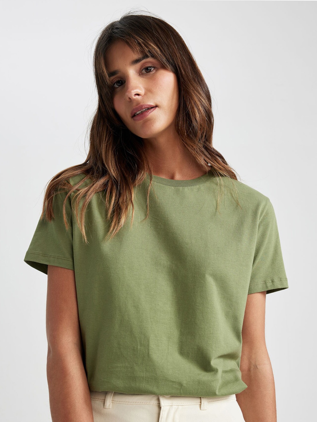 DeFacto Round Neck Pure Cotton T-shirt, Green