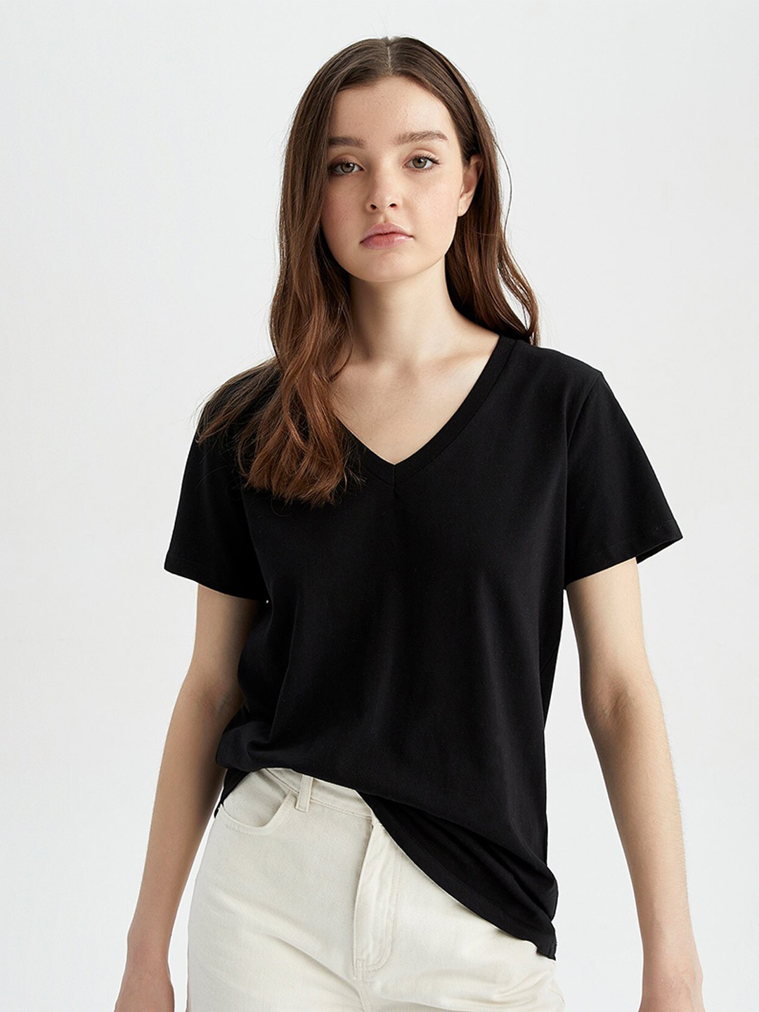 

DeFacto V-Neck Pure Cotton T-shirt, Black