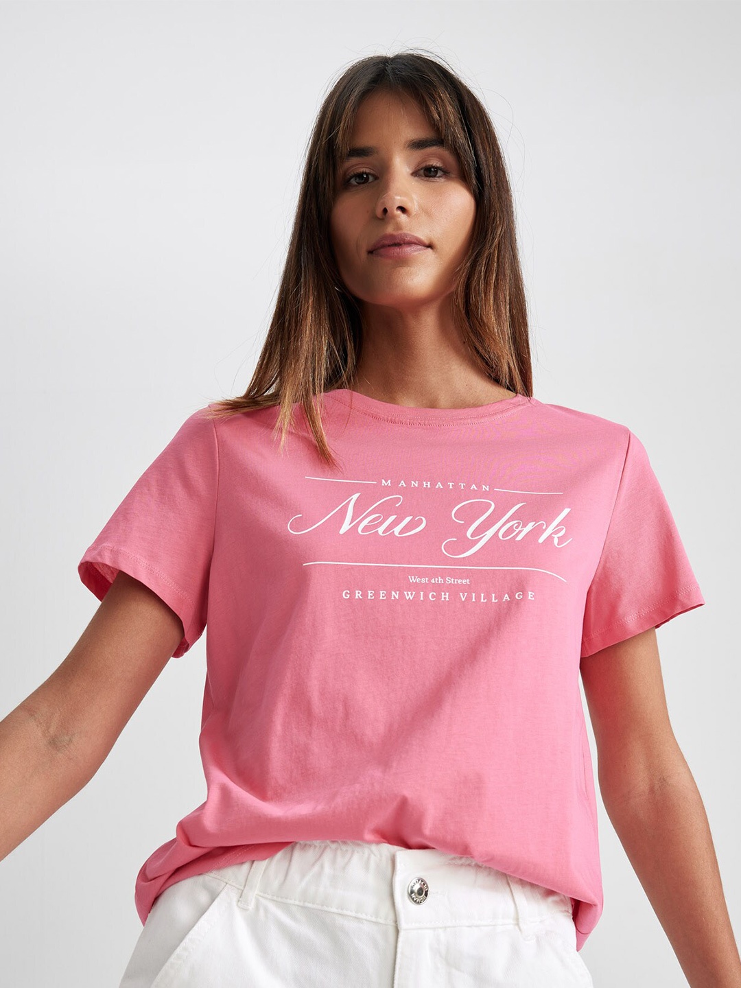 

DeFacto Typography Printed Pure Cotton T-shirt, Pink