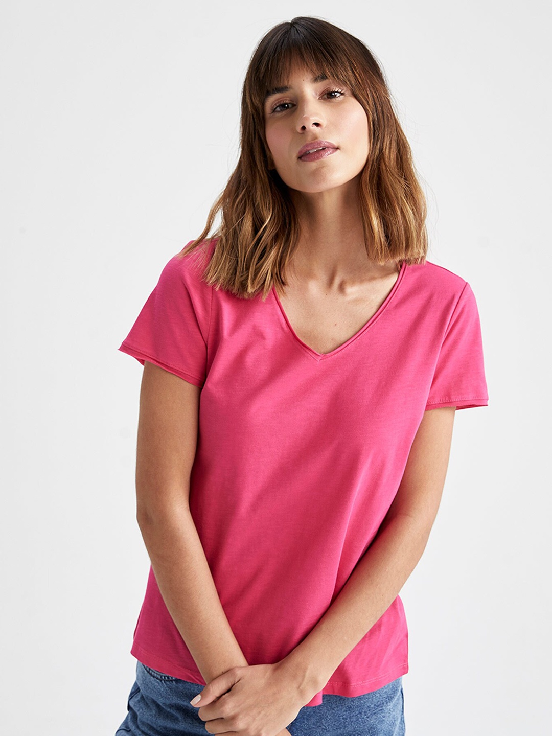 

DeFacto V-Neck Pure Cotton T-shirt, Pink