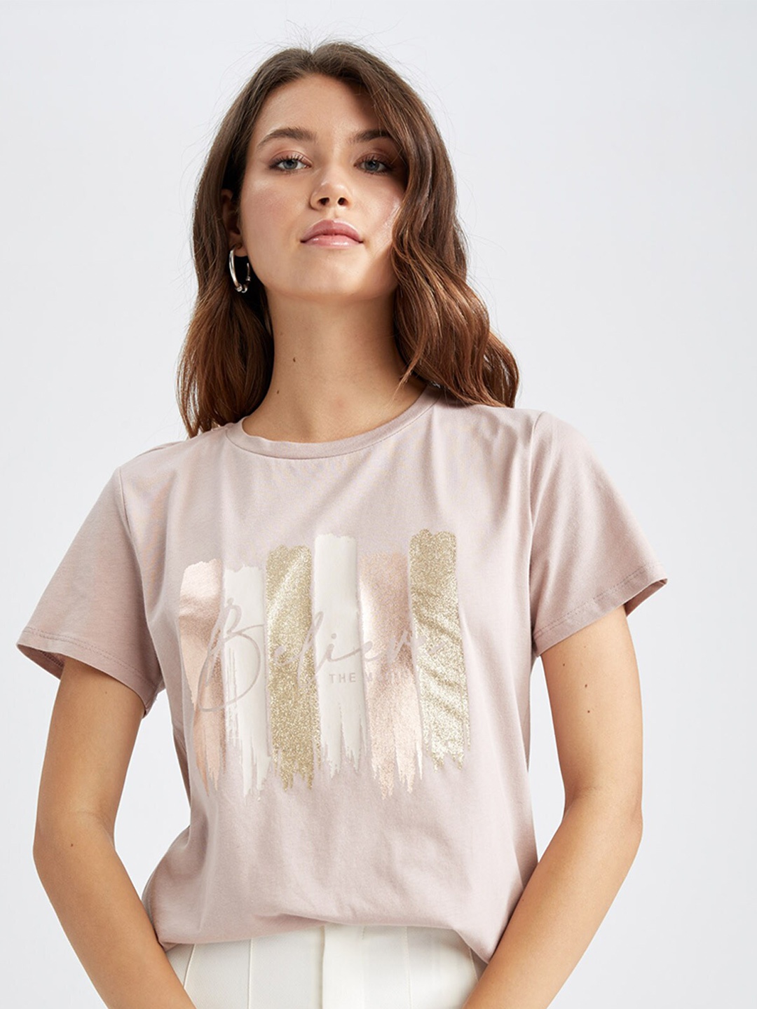 

DeFacto Graphic Printed Round Neck Pure Cotton T-shirt, Beige