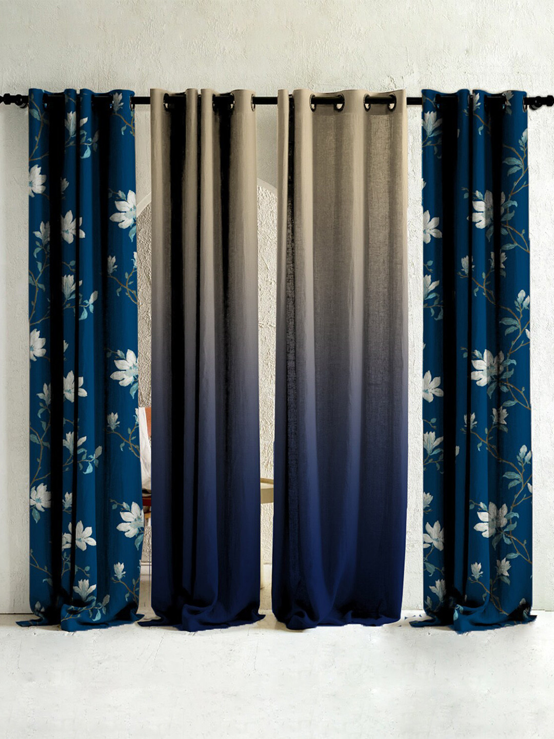 

SPACES Elegant Blue & Beige 4 Pieces Floral Printed Room Darkening Door Curtain