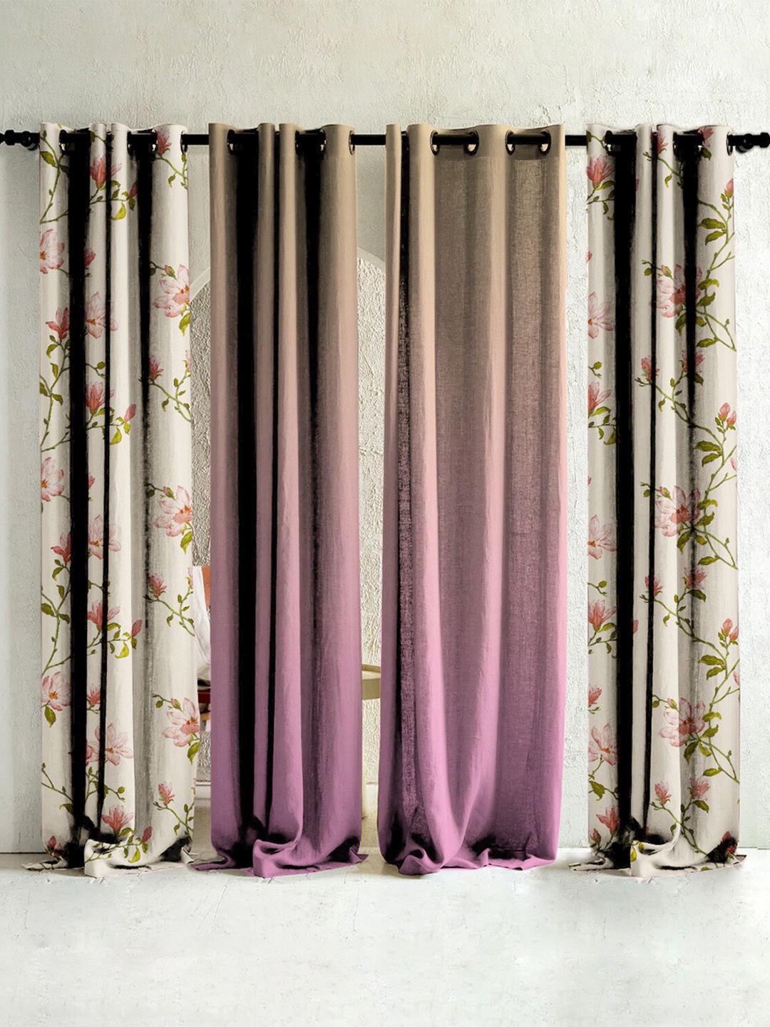 

SPACES Elegant Pink & Off White 4 Pcs Floral & Ombre Room Darkening Long Door Curtains