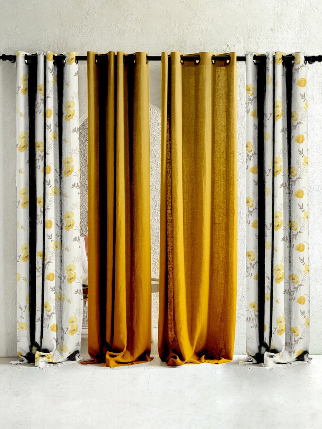 

SPACES Yellow & White 4 Pieces Floral Room Darkening Long Door Curtain