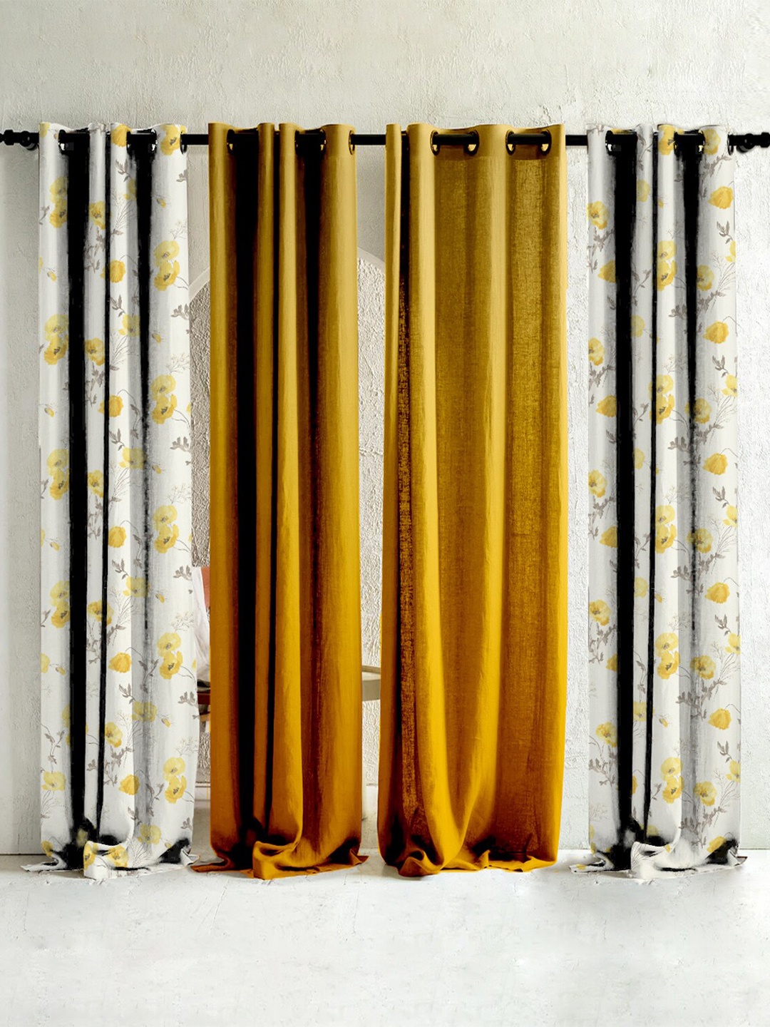 

SPACES Elegant Yellow & White 4 Pieces Floral Printed Room Darkening Door Curtain