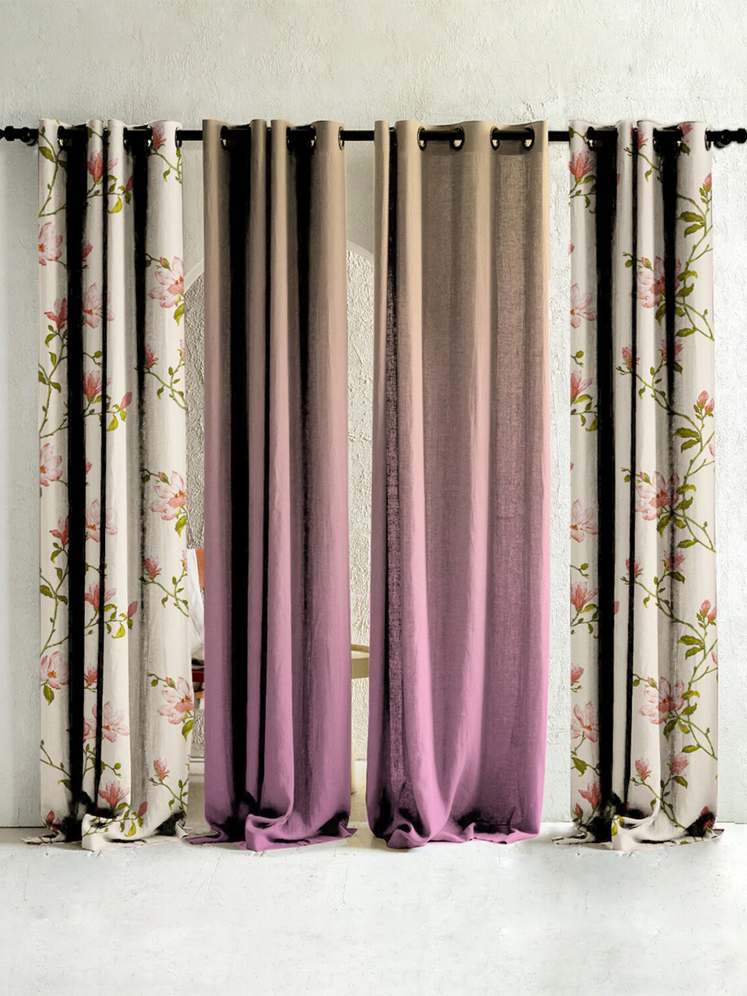 

SPACES Elegant Pink & Beige 4 Pieces Floral Printed Room Darkening Door Curtain