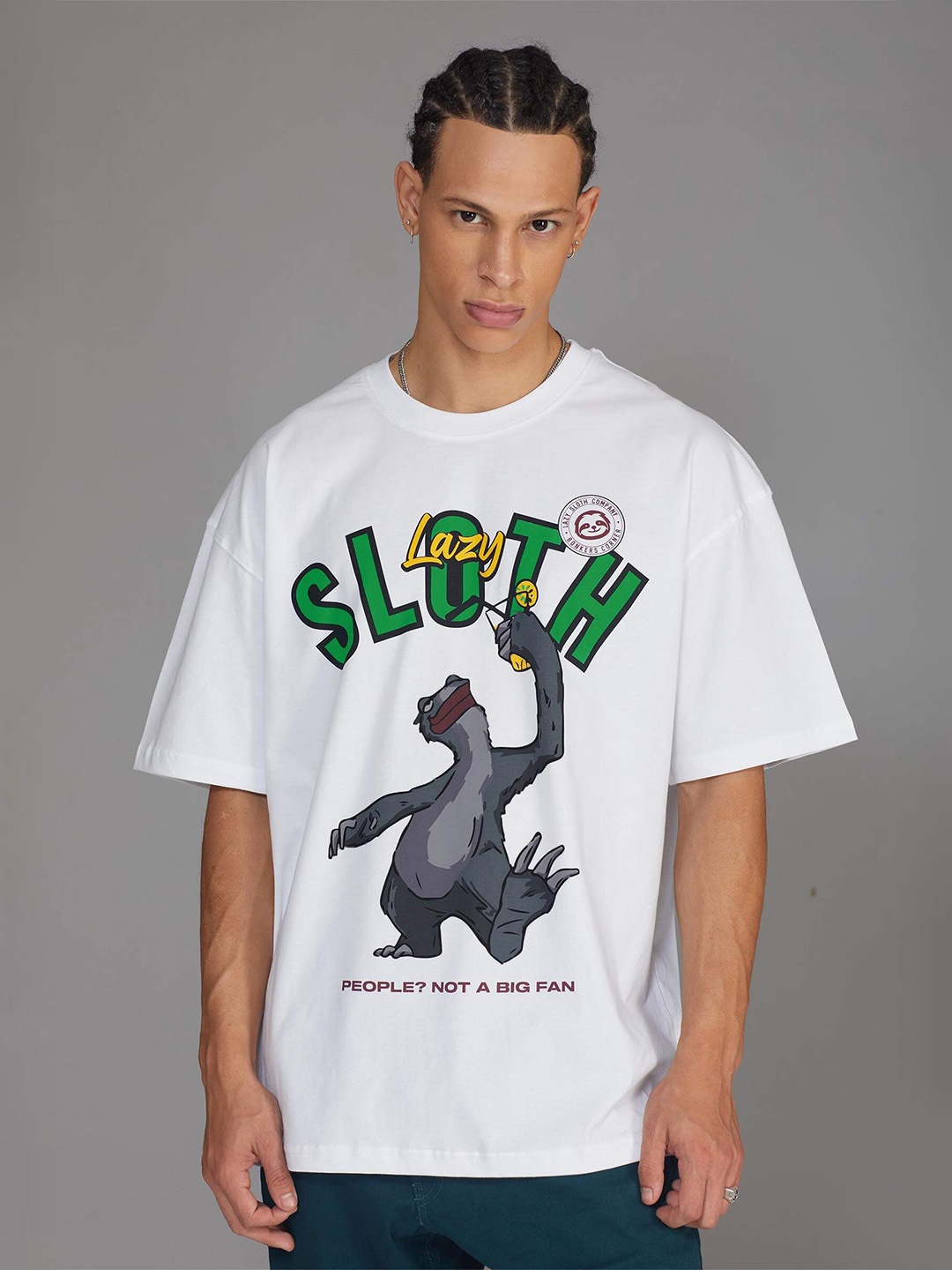 

Bonkers Corner White ,Grey & Green Graphic Printed Cotton Oversize Fit T-shirt
