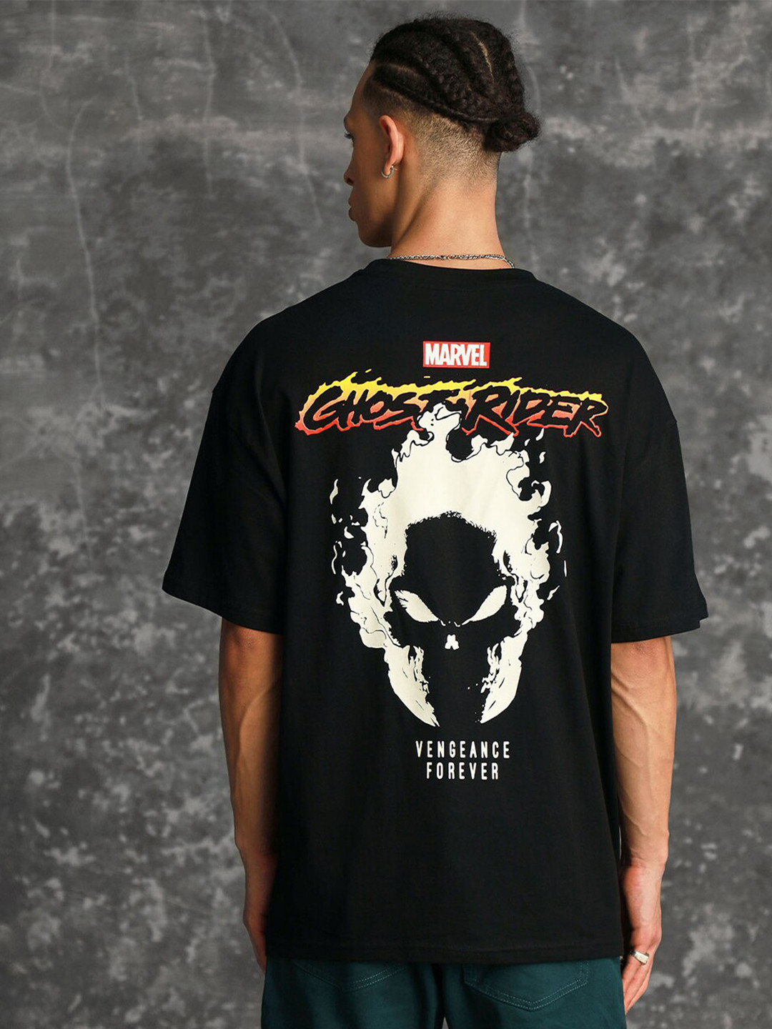 

Bonkers Corner Ghost Rider Printed Drop-Shoulder Sleeves Cotton T-shirt, Black
