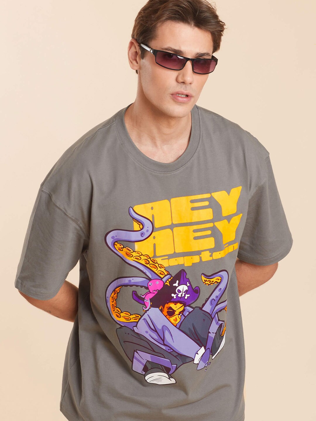 Bonkers Corner Pirate Printed Round Neck Cotton T-shirt, Grey