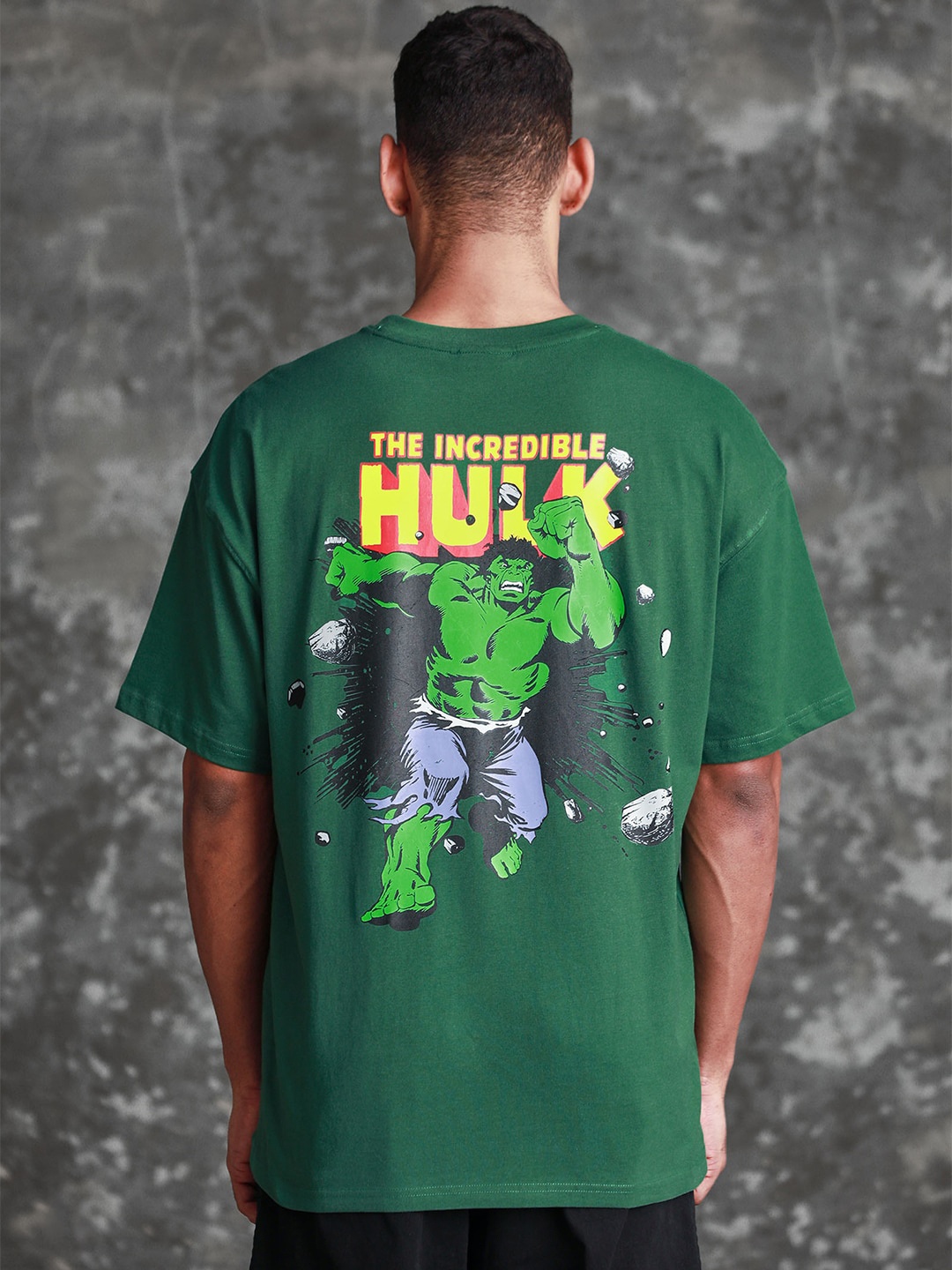 

Bonkers Corner Green & Yellow Hulk Printed Drop-Shoulder Sleeves Oversized Cotton T-shirt