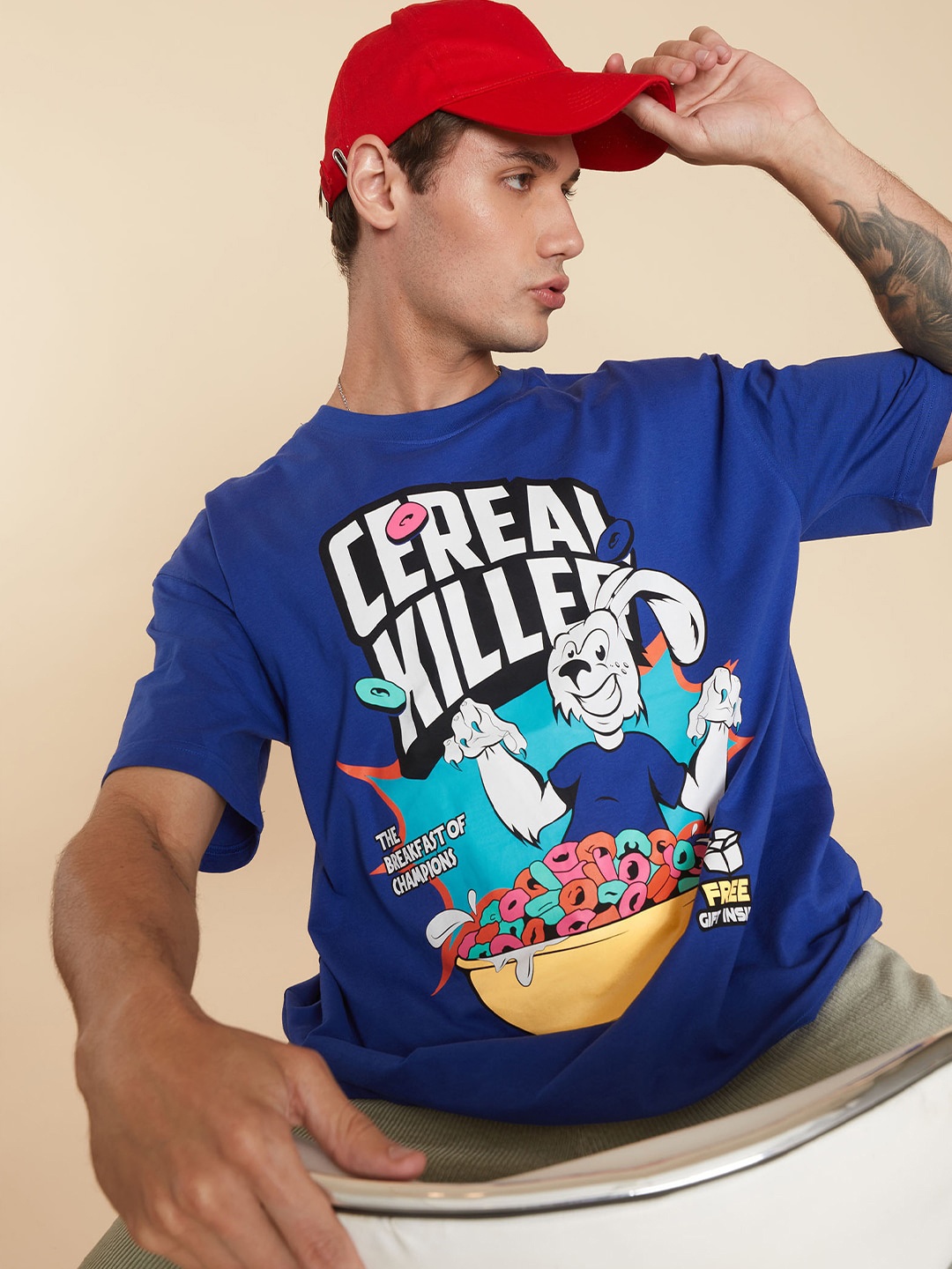 

Bonkers Corner Graphic Printed Drop-Shoulder Sleeves Cotton Oversized Fit T-shirt, Blue