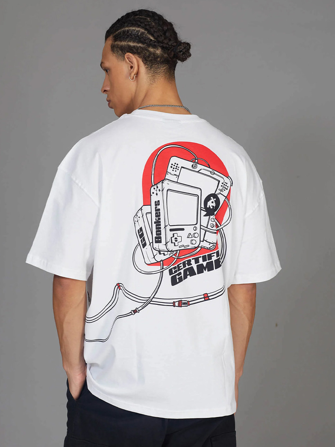 

Bonkers Corner White & Red Typography Printed Oversize Cotton T-shirt