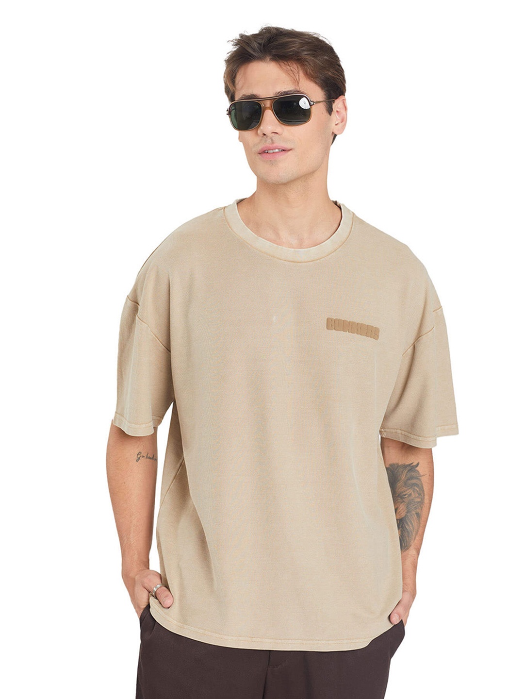 Bonkers Corner Drop-Shoulder Sleeves Loose Cotton T-shirt, Beige