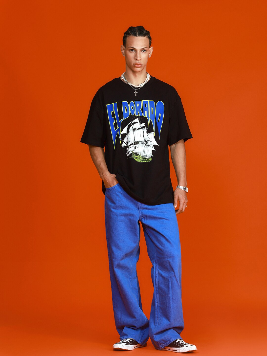 

Bonkers Corner Black & Blue Eldorado Printed Drop-Shoulder Sleeves Oversized T-shirt
