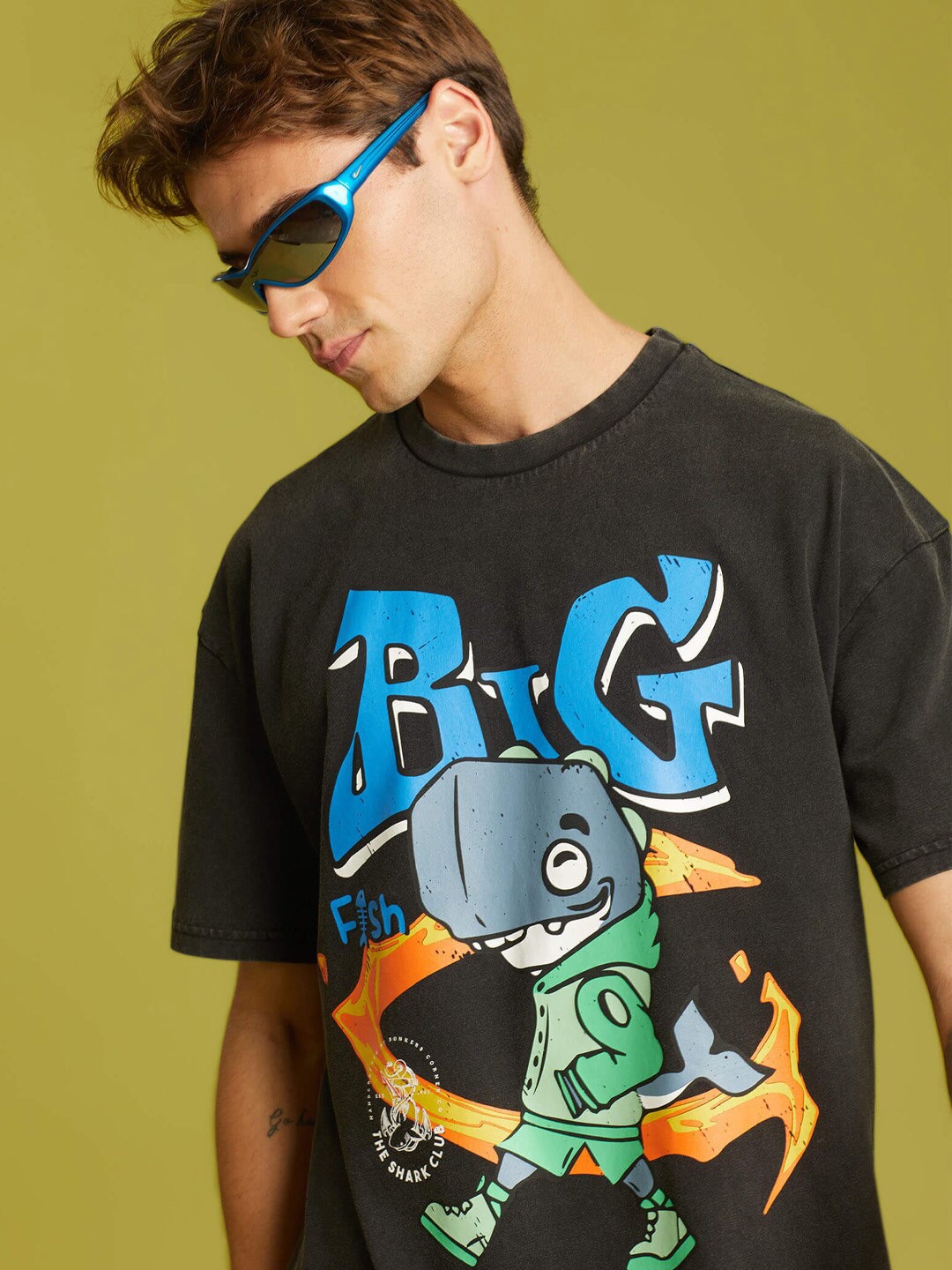 

Bonkers Corner Big Fish Printed Short Sleeve Cotton T-shirt, Black