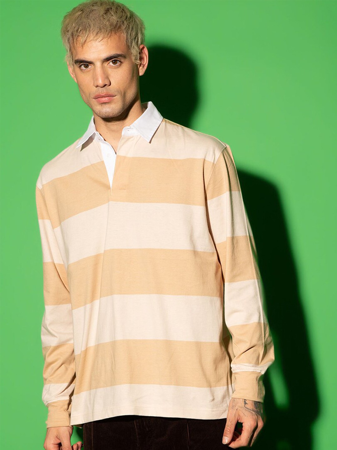 

Bonkers Corner Beige Striped Polo Collar Drop-Shoulder Sleeves Cotton Oversize T-shirt