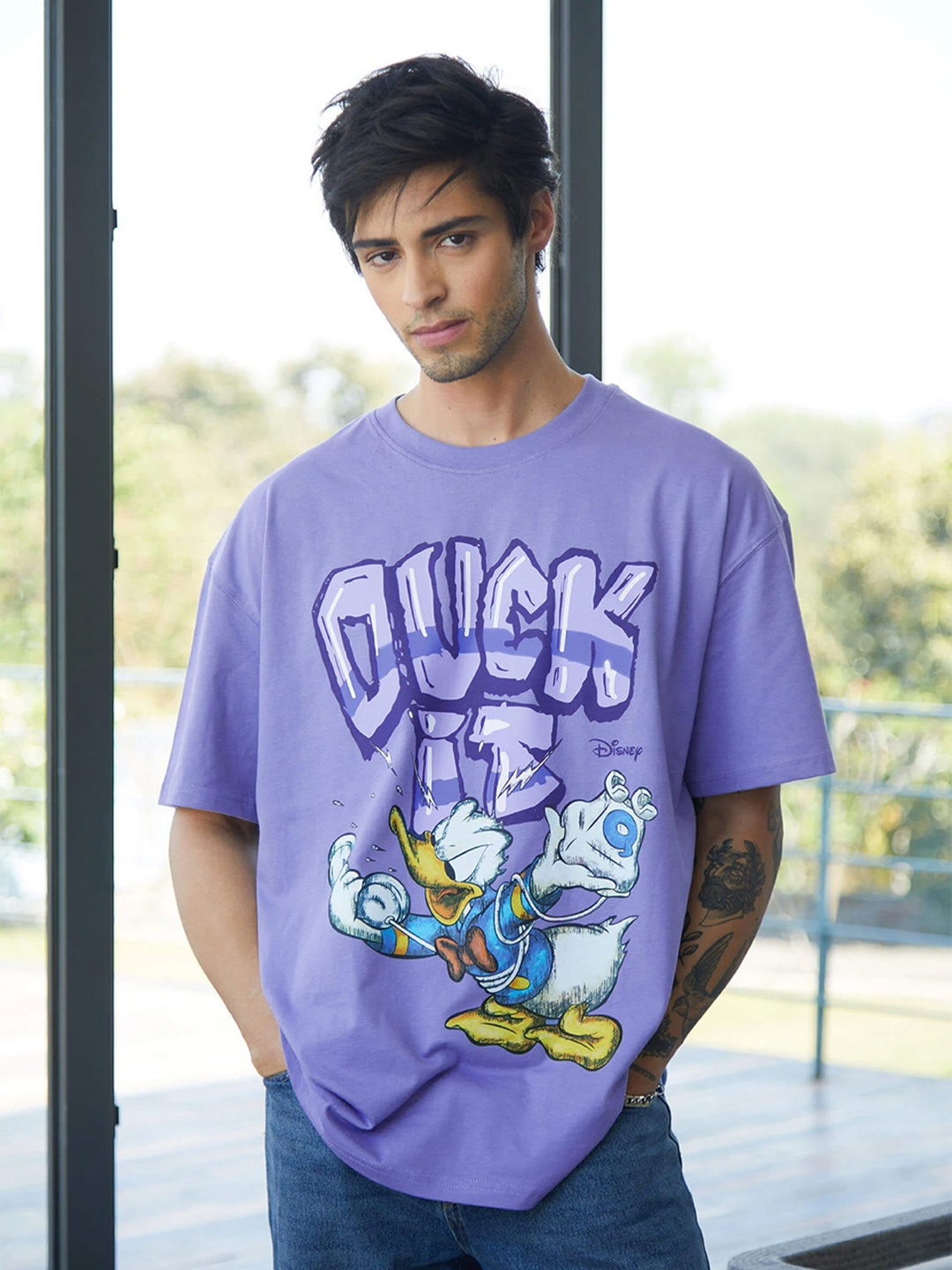 

Bonkers Corner Donald Duck Printed Drop-Shoulder Sleeves Cotton Loose Fitted T-shirt, Purple