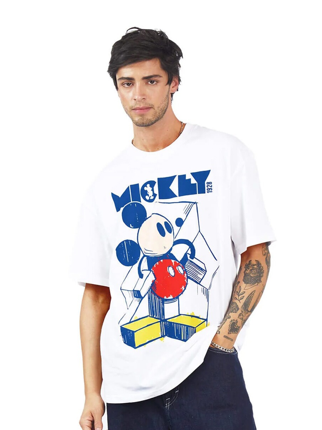 

Bonkers Corner Drop-Shoulder Sleeves Loose Fit Mickey Mouse Cotton T-shirt, White