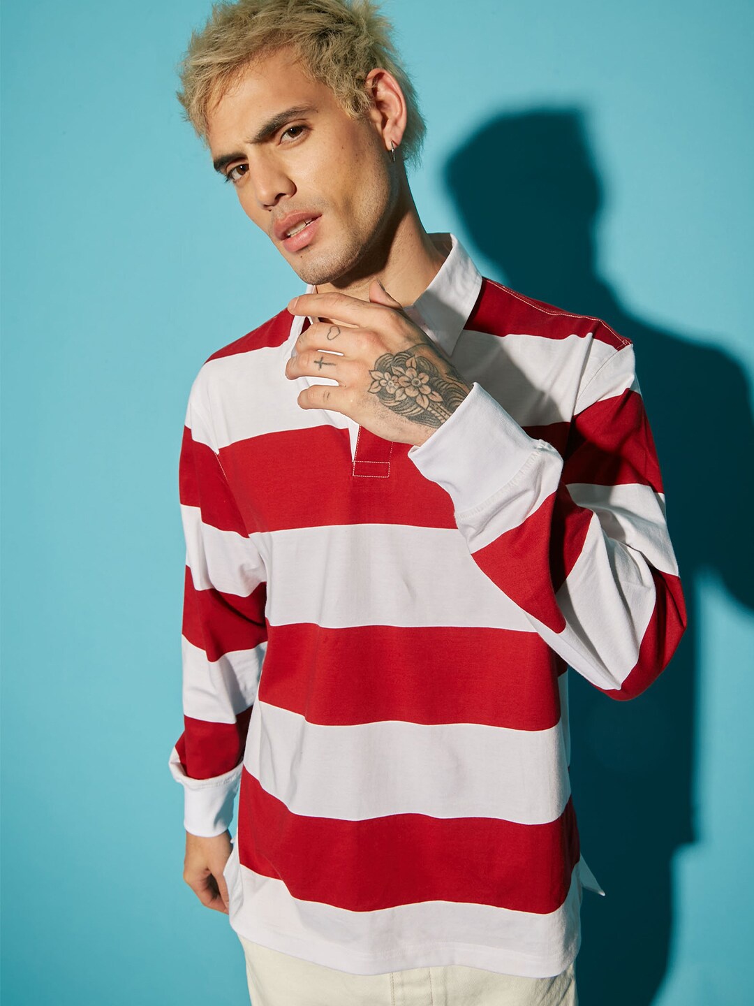 

Bonkers Corner Red Striped Polo Collar Drop-Shoulder Sleeves Cotton Loose Fit T-shirt