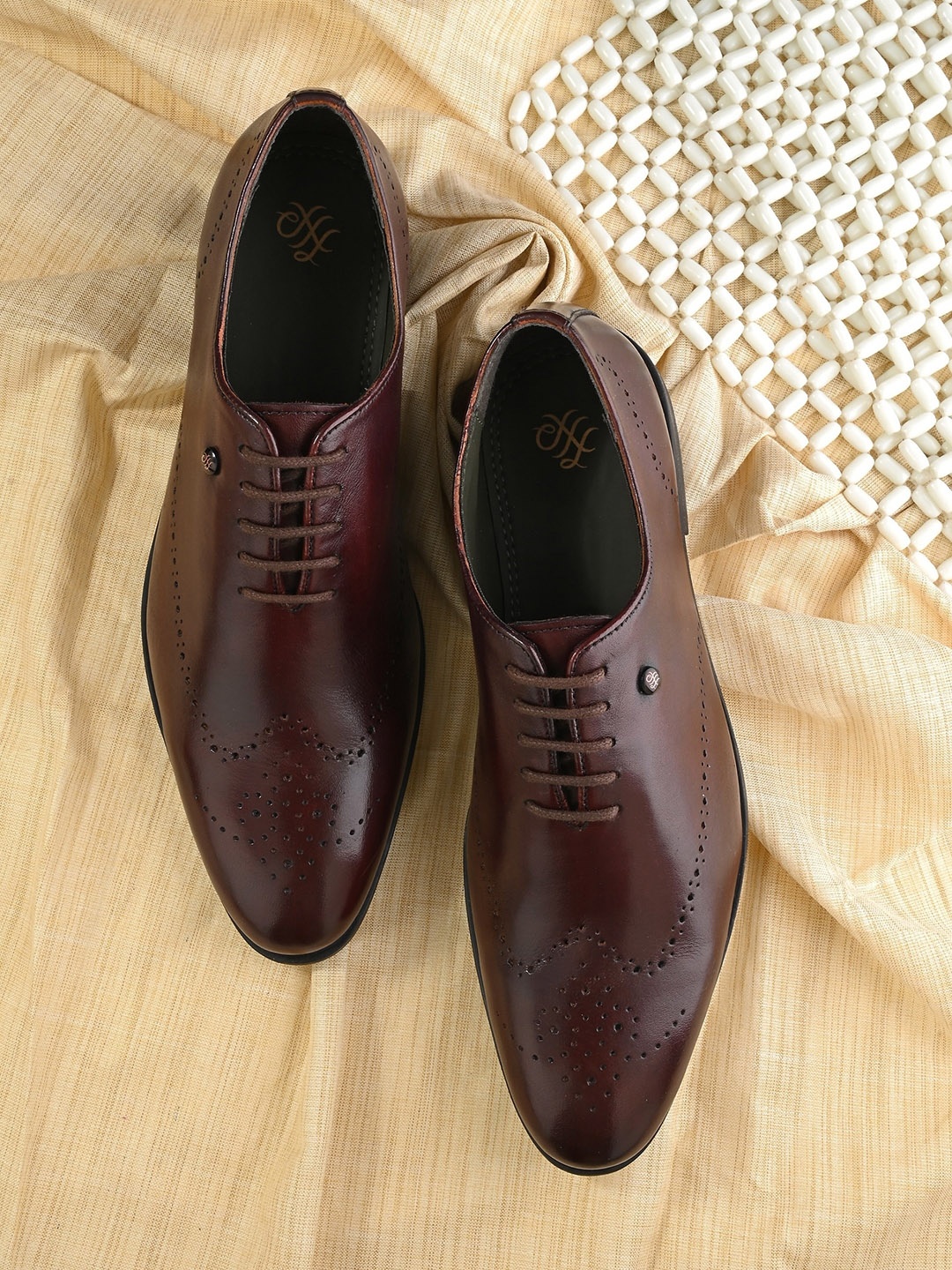 

House of Pataudi Men Genuine Leather Lace-Up Formal Brogue Shoes, Maroon