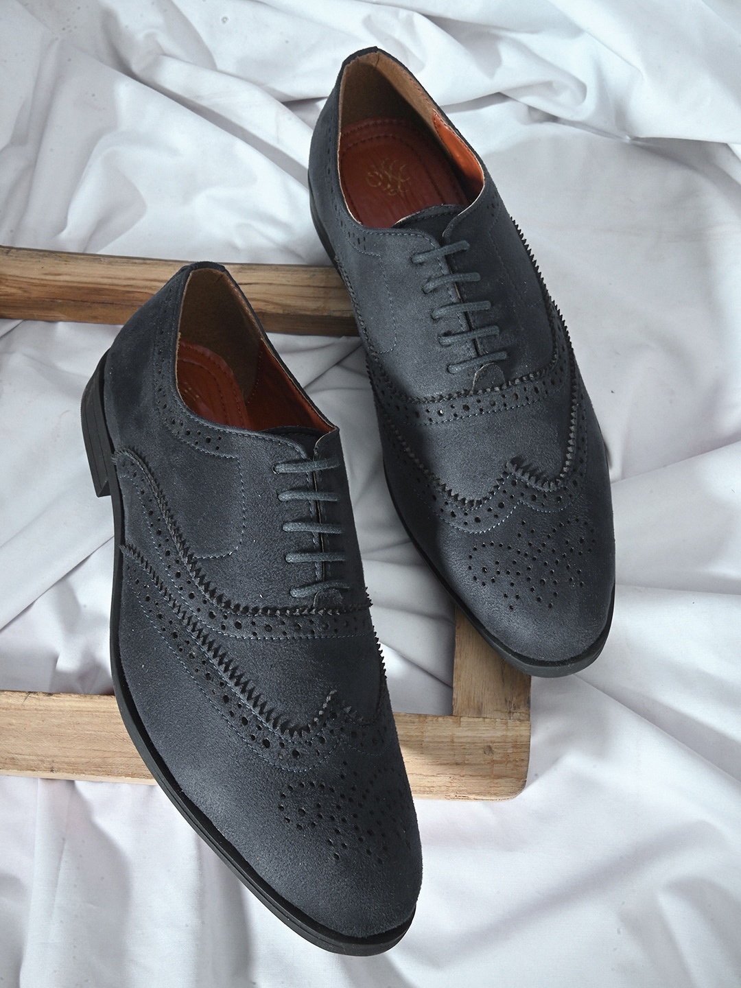 

House of Pataudi Men Suede Lace-Up Formal Brogues, Blue