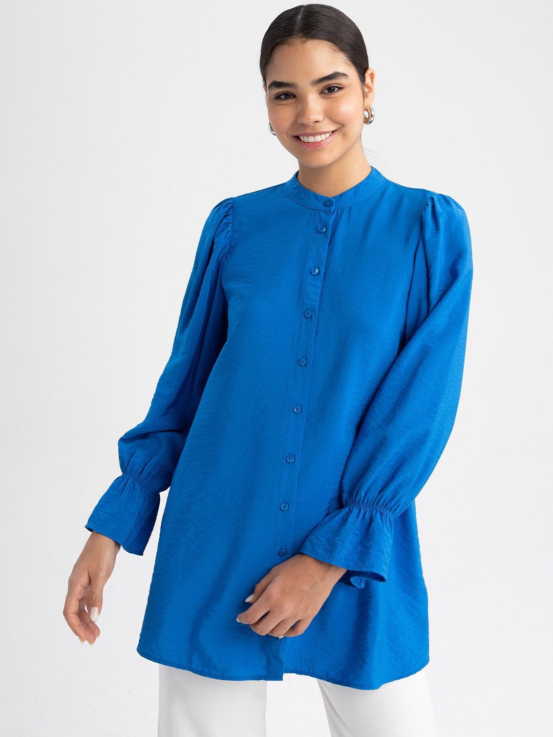 

DeFacto Mandarin Collar Puff Sleeves Tunic, Blue