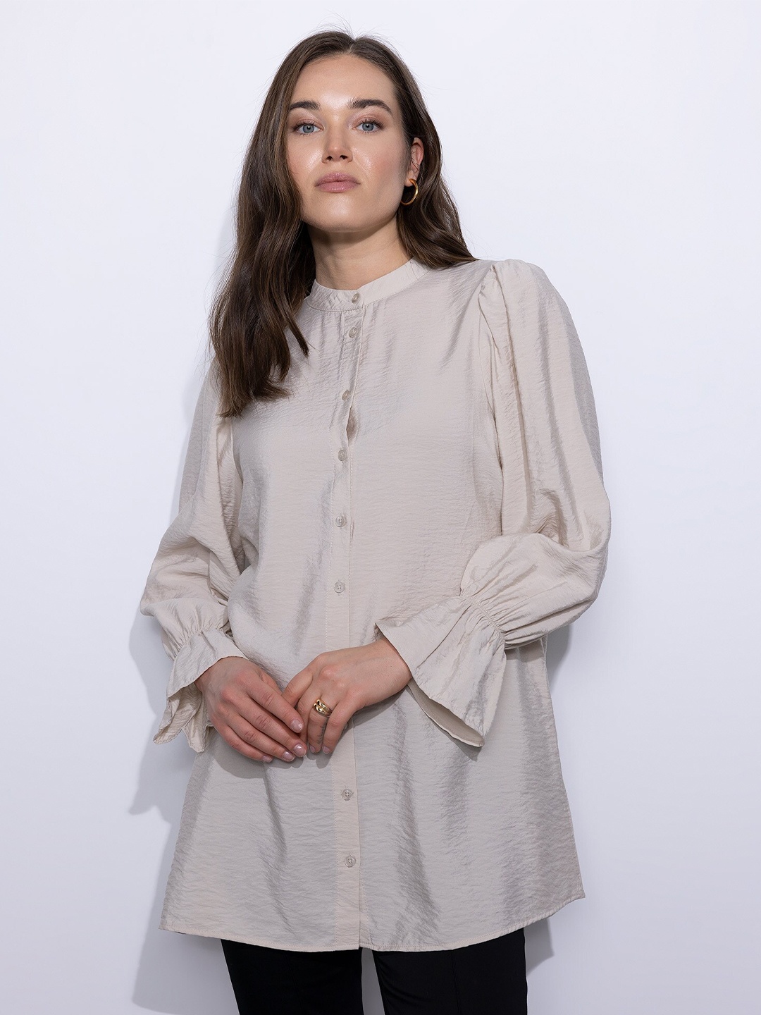 

DeFacto Mandarin Collar Puff Sleeves Tunic, Beige