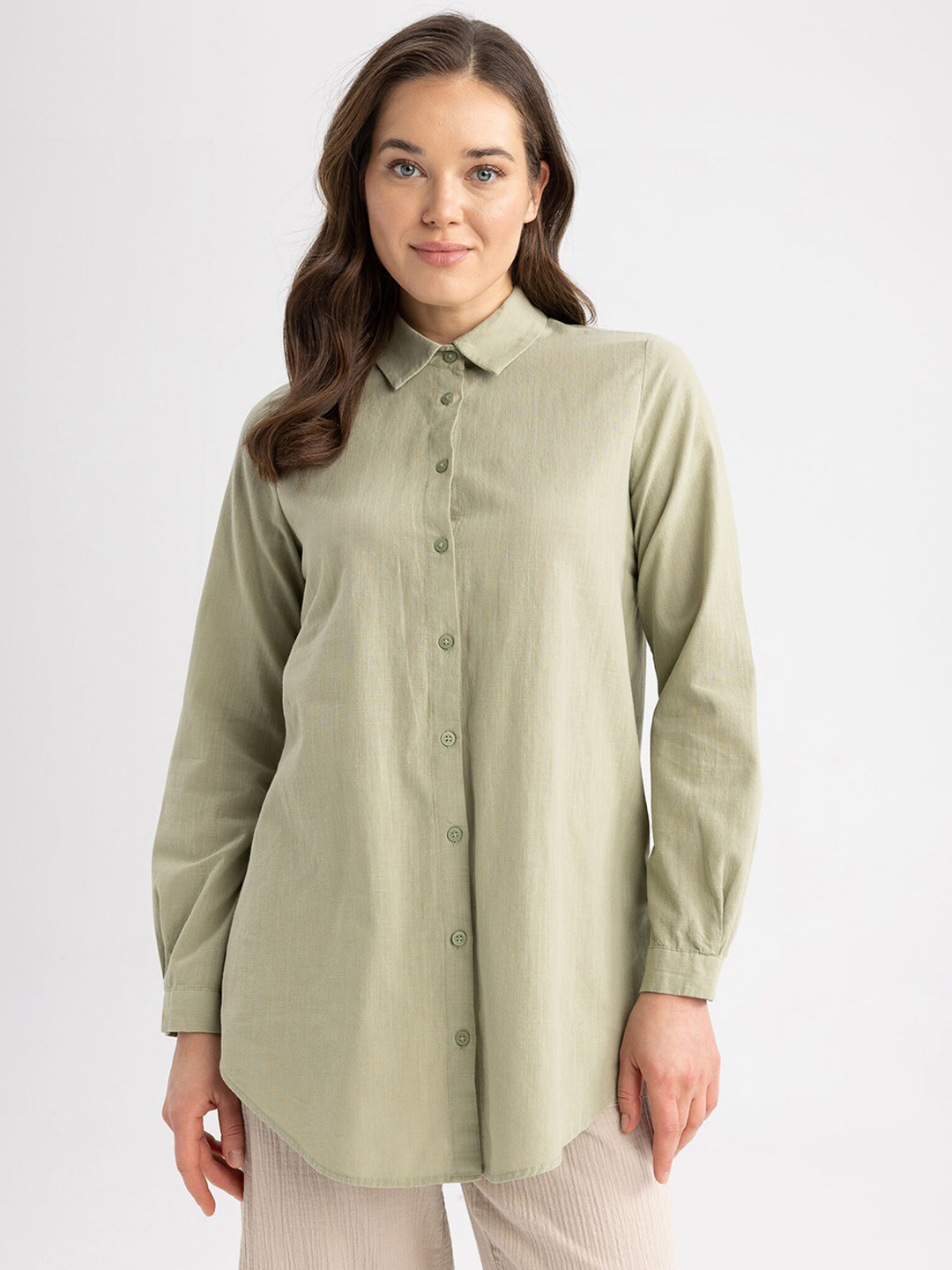 

DeFacto Spread Collar Long Sleeves Pure Cotton Casual Shirt, Green