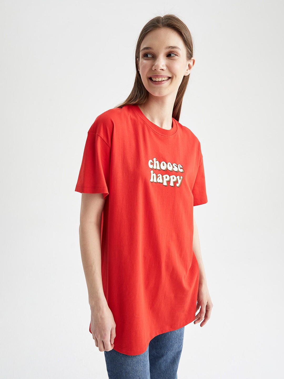 

DeFacto Typography Printed Drop-Shoulder Sleeves Pure Cotton T-shirt, Red