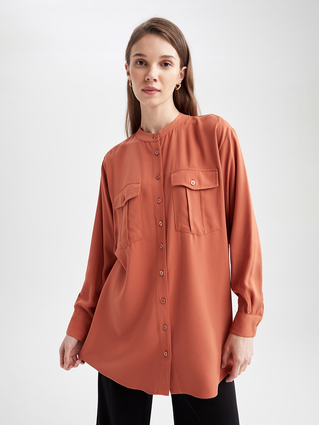 

DeFacto Mandarin Collar Cuffed Sleeves Tunic, Orange