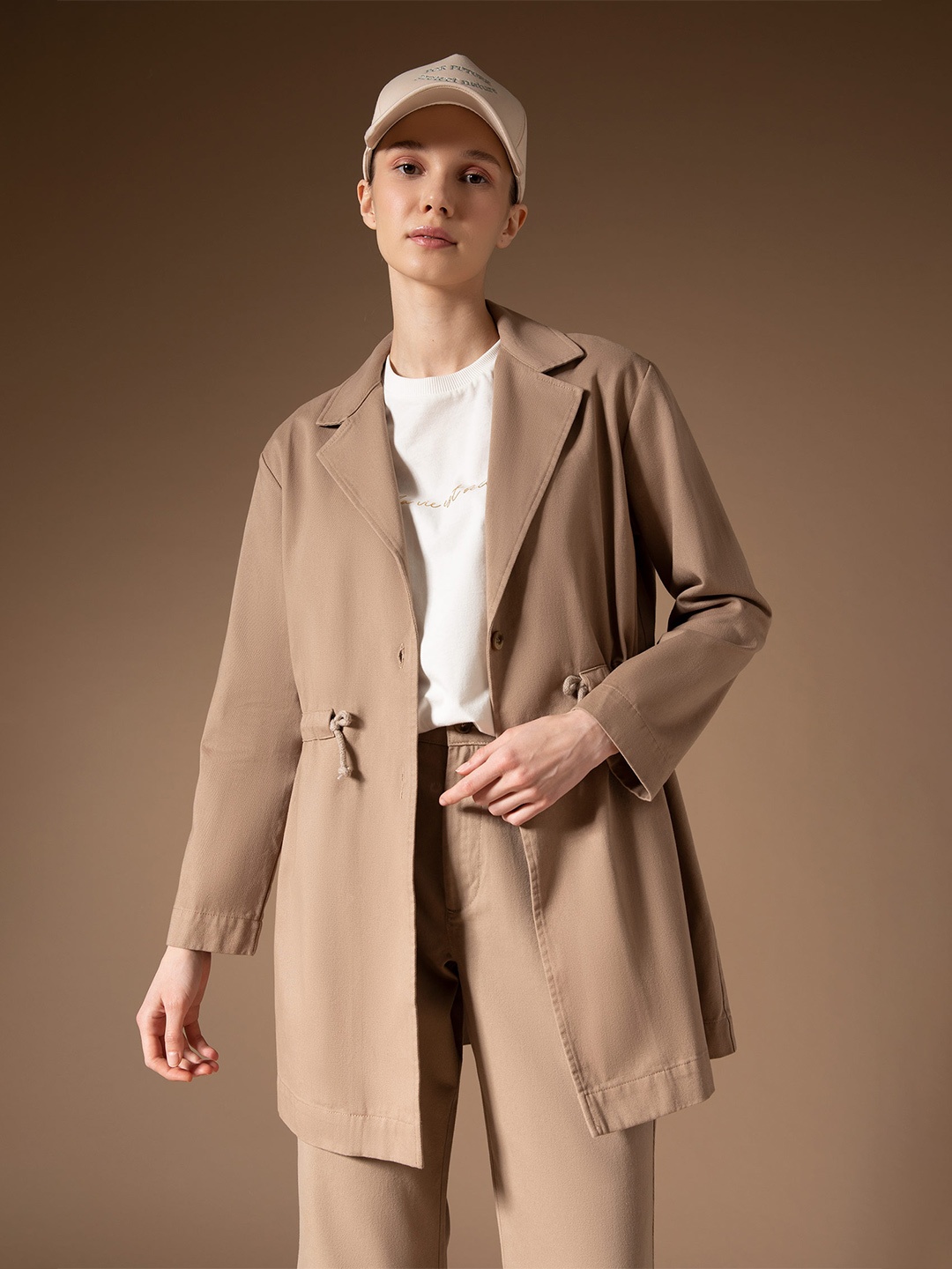 

DeFacto Women Solid Pure Cotton Overcoat, Beige