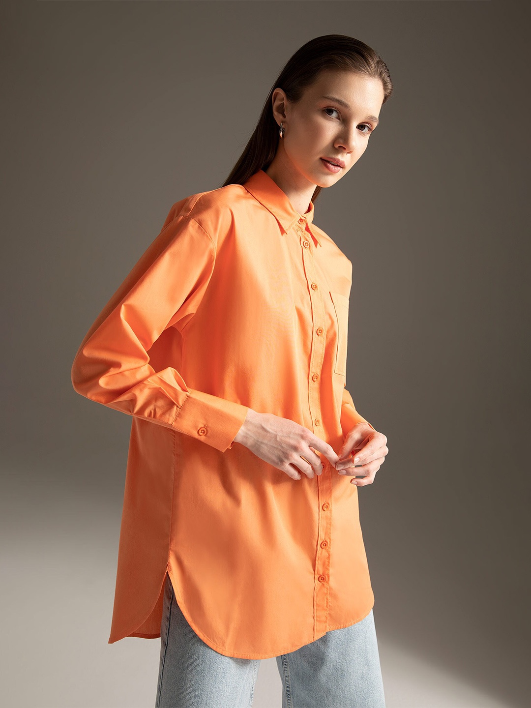 

DeFacto Spread Collar Pure Cotton Casual Shirt, Orange