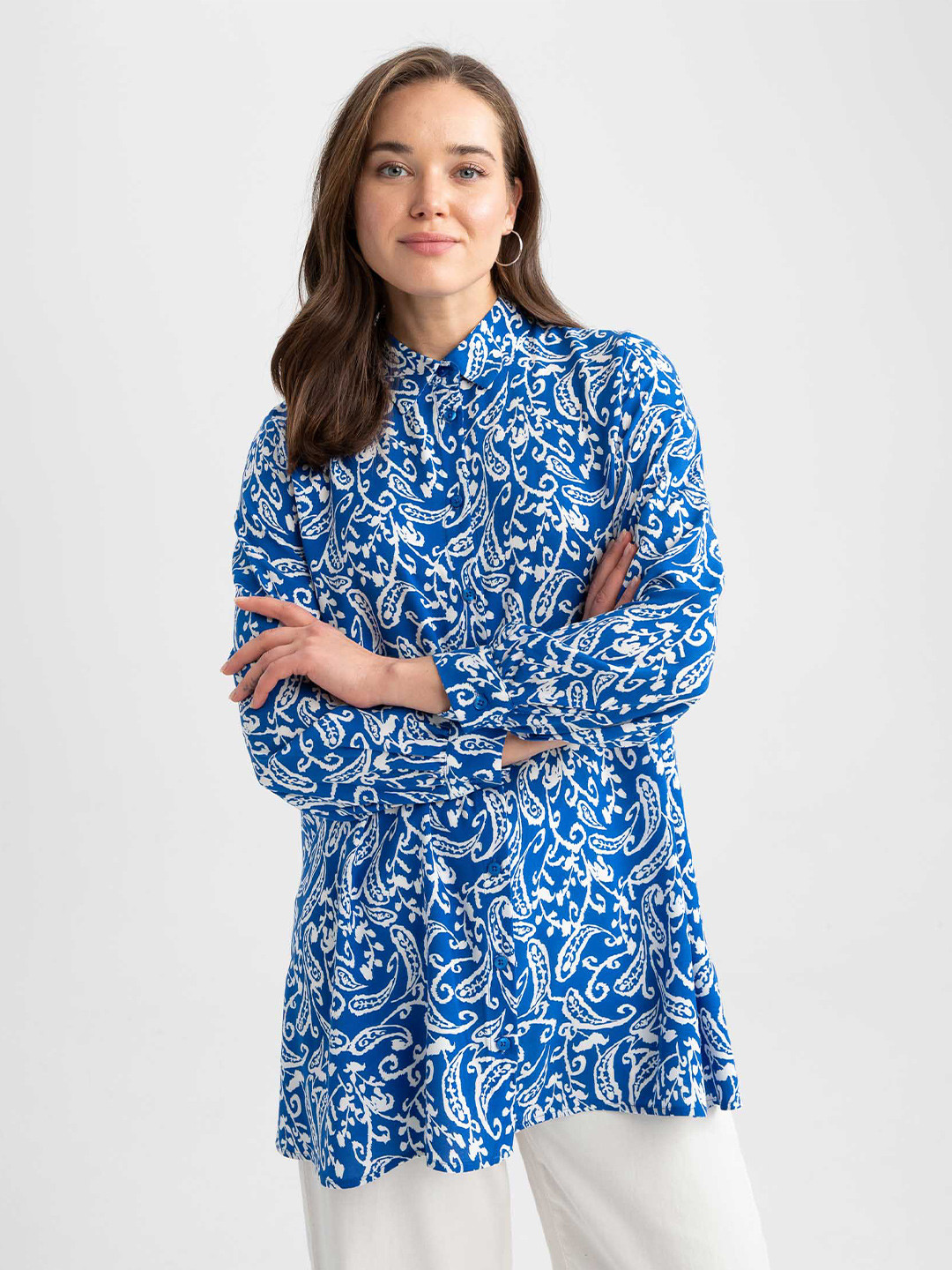 

DeFacto Ethnic Motifs Printed Cuffed Sleeves Tunic, Blue