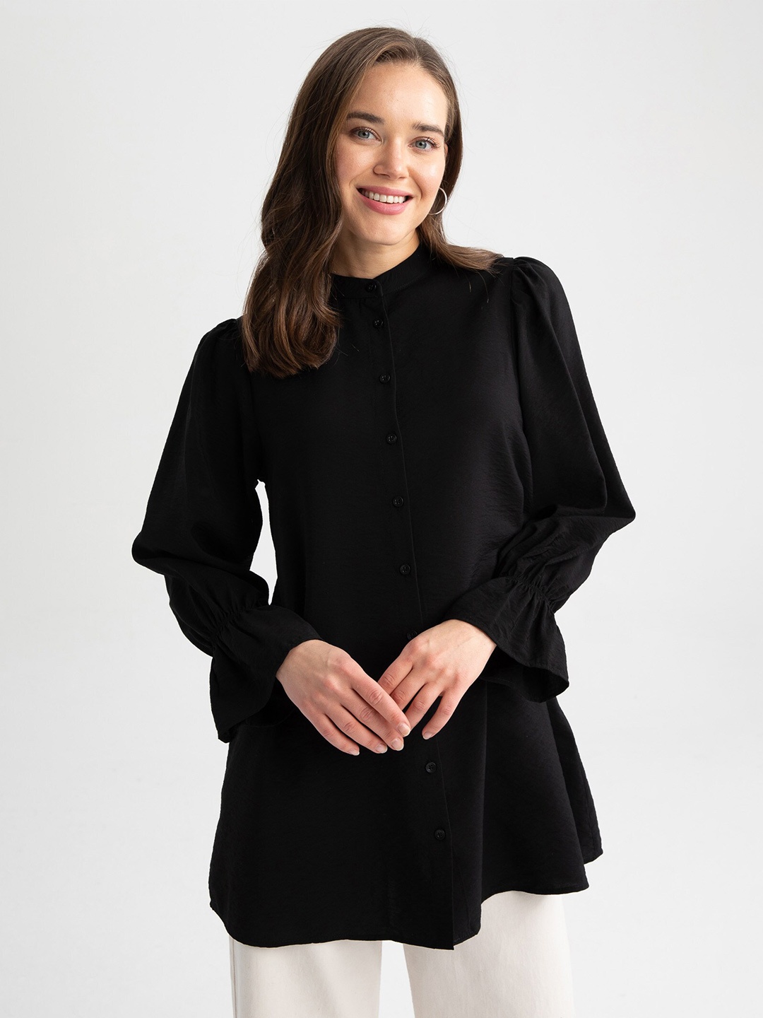 

DeFacto Mandarin Collar Puff Sleeves Tunic, Black