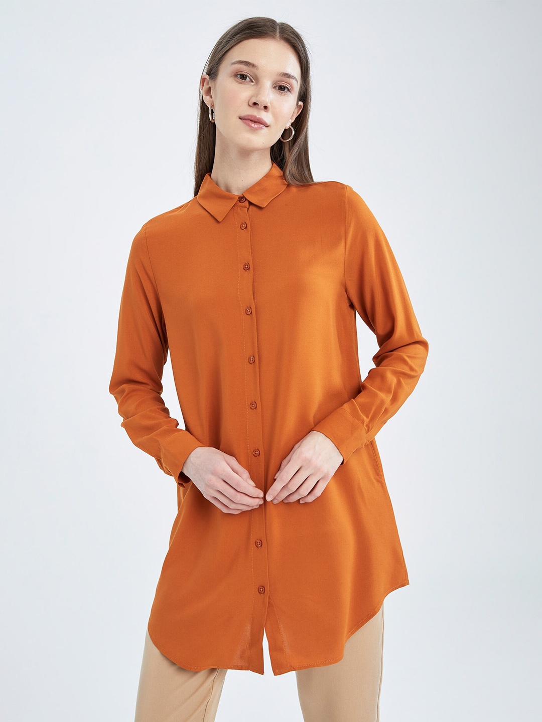 

DeFacto Viscose Rayon Shirt Collar Tunic, Rust