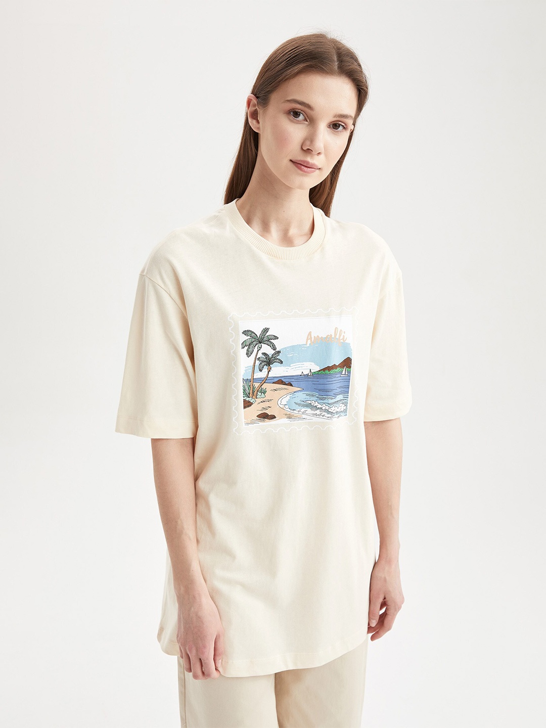 

DeFacto Graphic Printed Drop-Shoulder Sleeves Loose Loose Pure Cotton T-Shirt, Beige