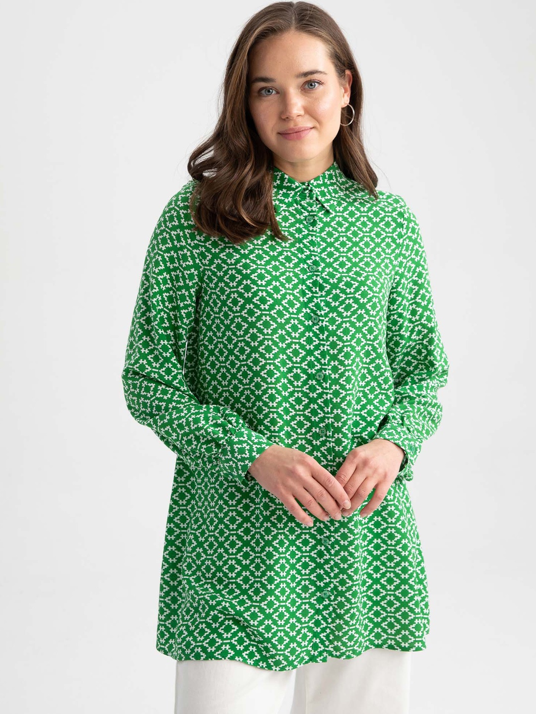 

DeFacto Printed Shirt Collar Tunic, Green