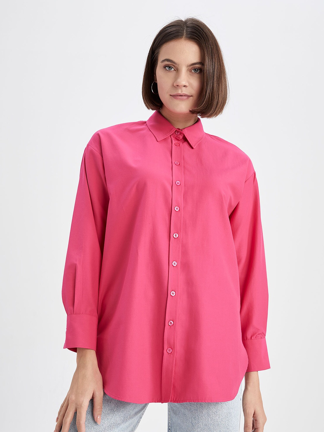 

DeFacto Spread Collar Long Sleeves Boxy Casual Shirt, Pink