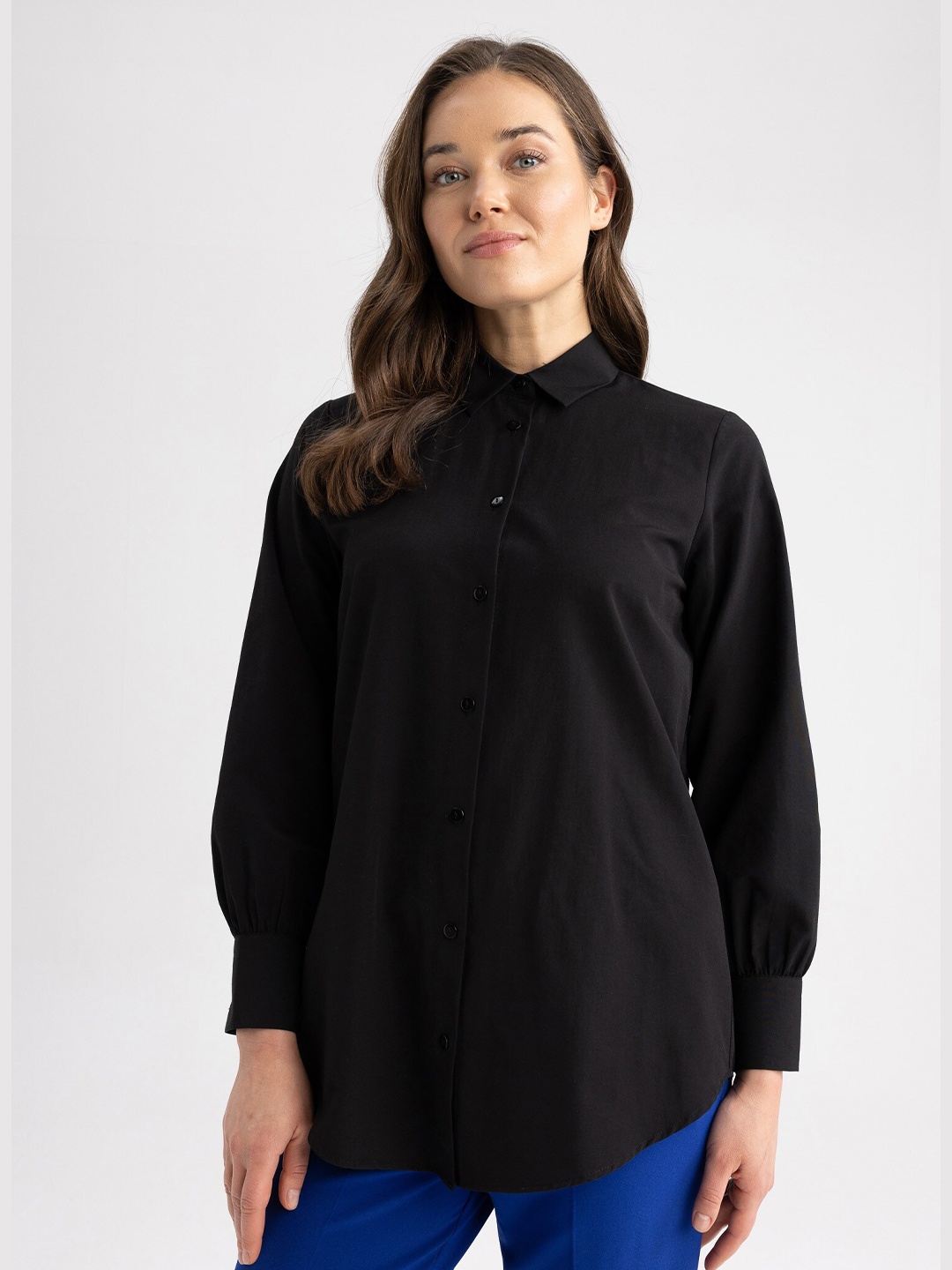 DeFacto Spread Collar Cuffed Sleeves Casual Shirt, Black