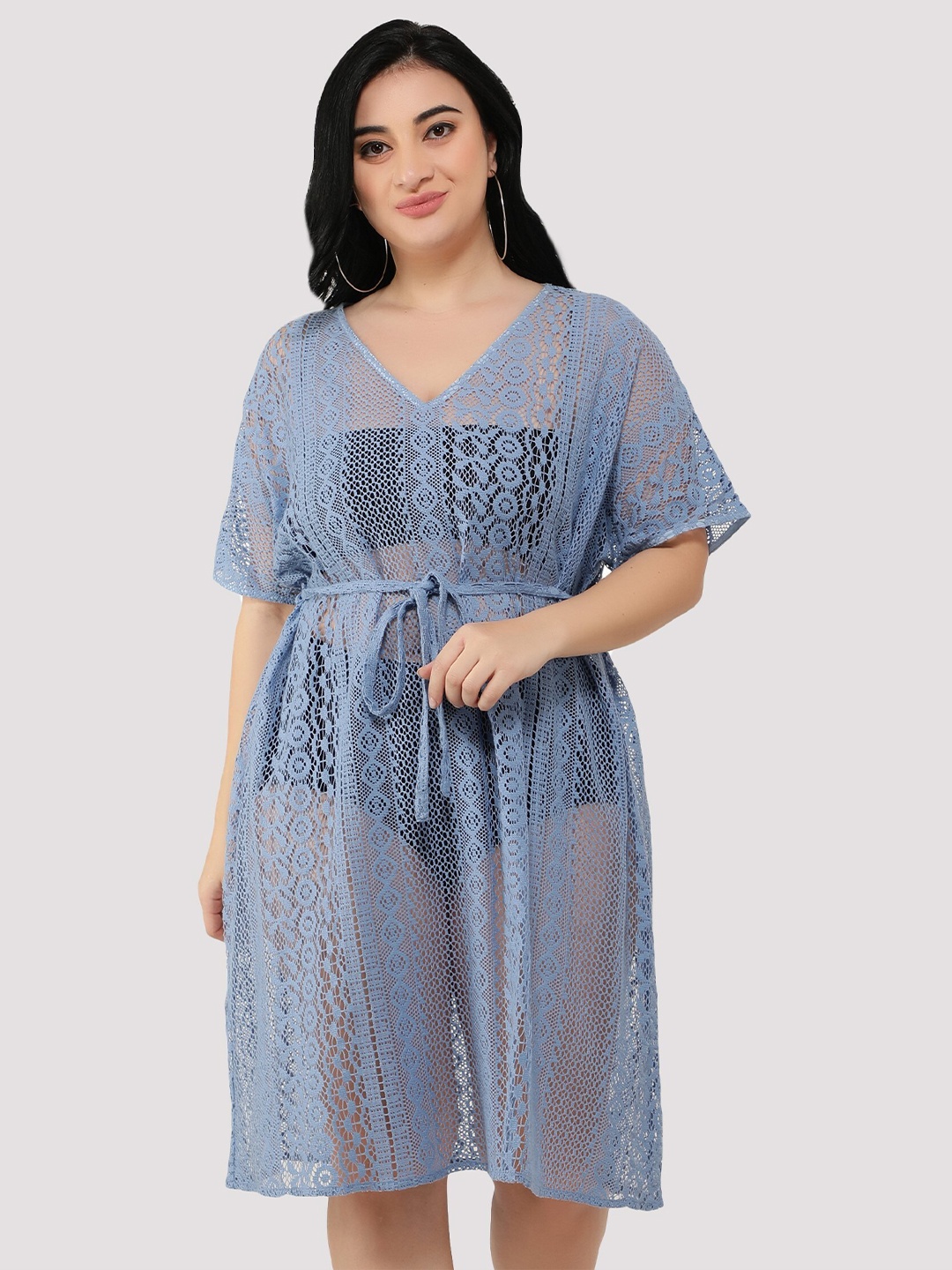 

NUEVOSDAMAS Self Design V-Neck Lace Kaftan Nightdress, Blue