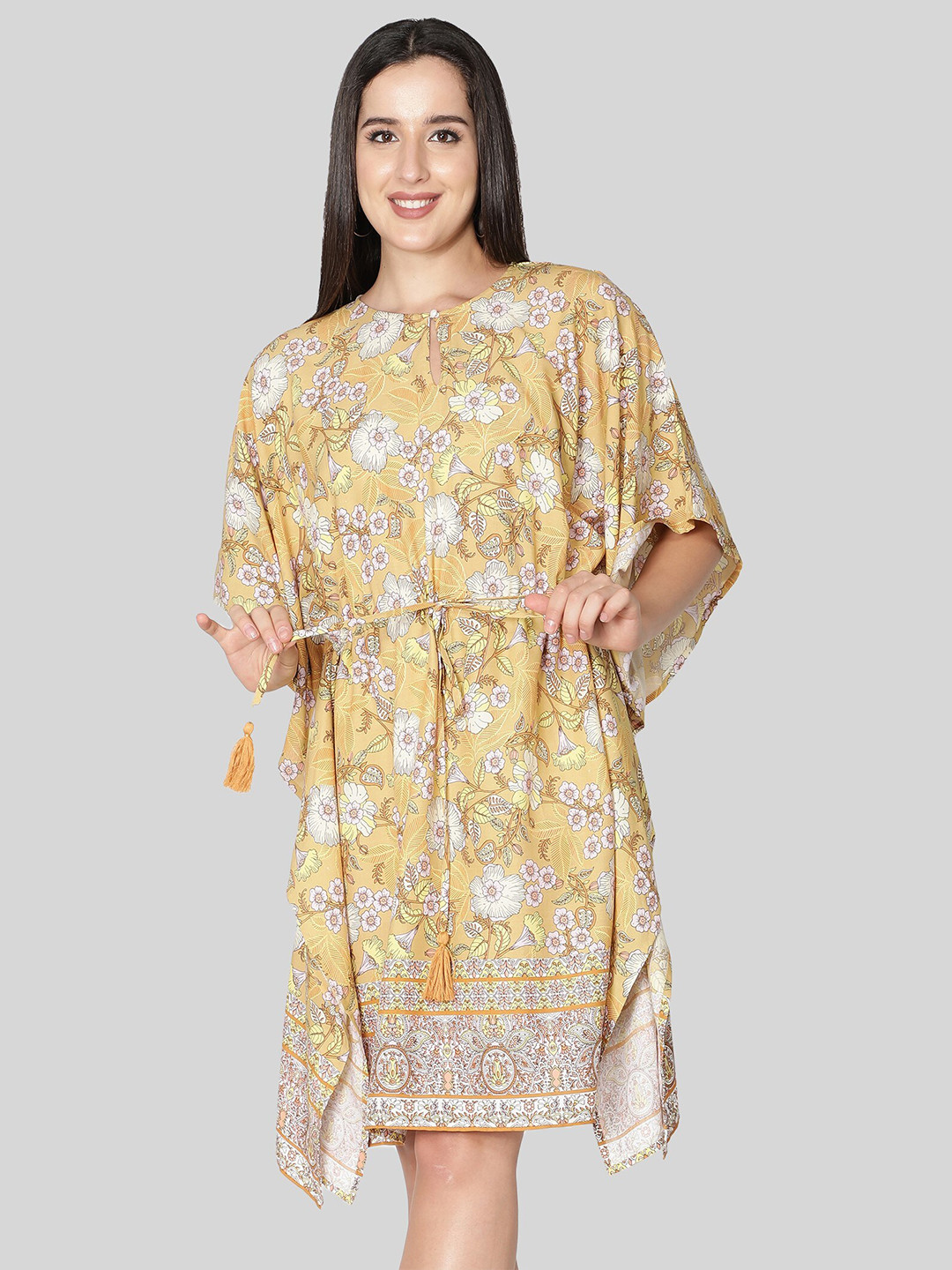 

NUEVOSDAMAS Floral Keyhole Neck Kaftan Dress, Mustard