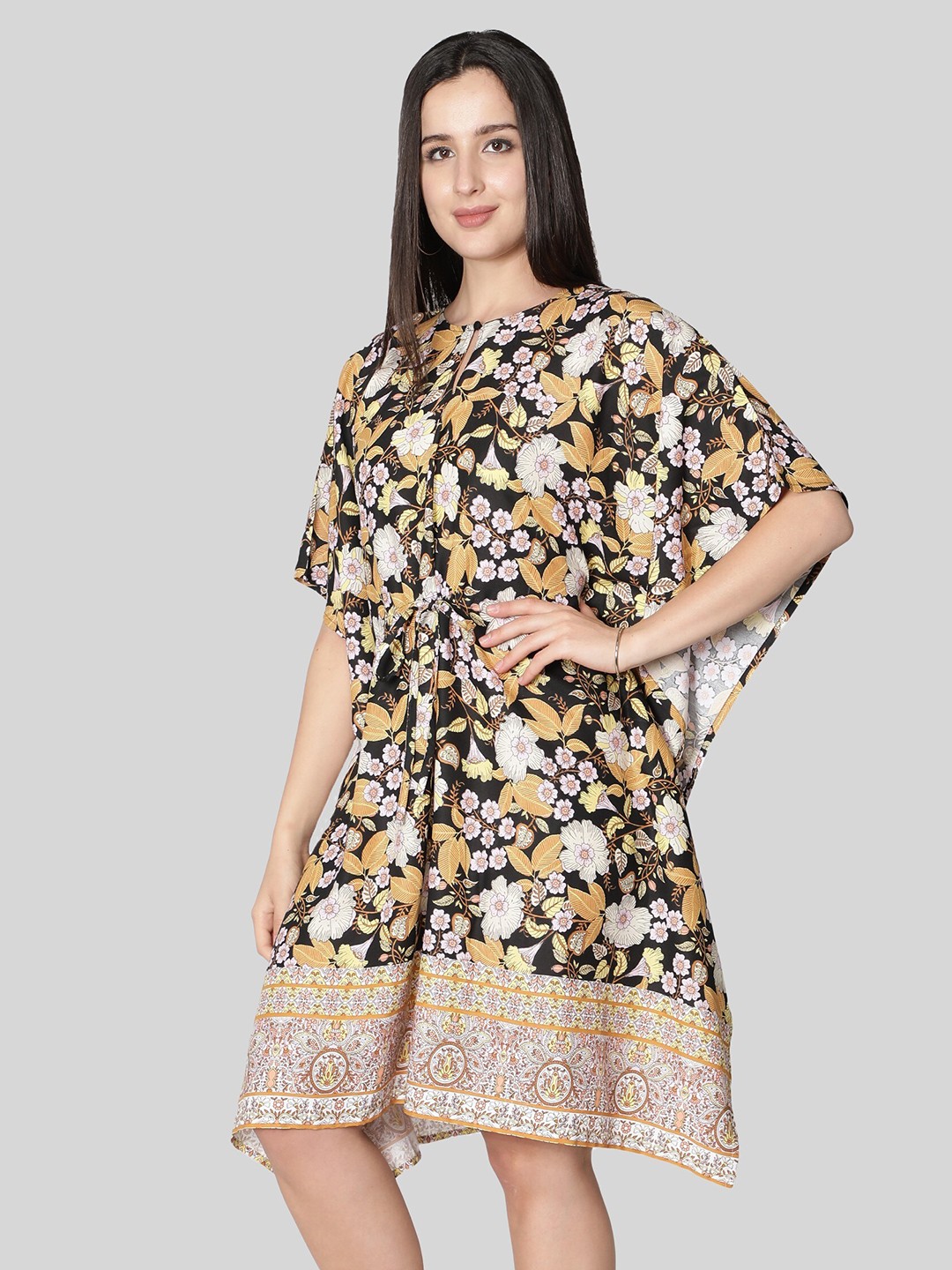 

NUEVOSDAMAS Keyhole Neck Floral Printed Kaftan Dress, Black
