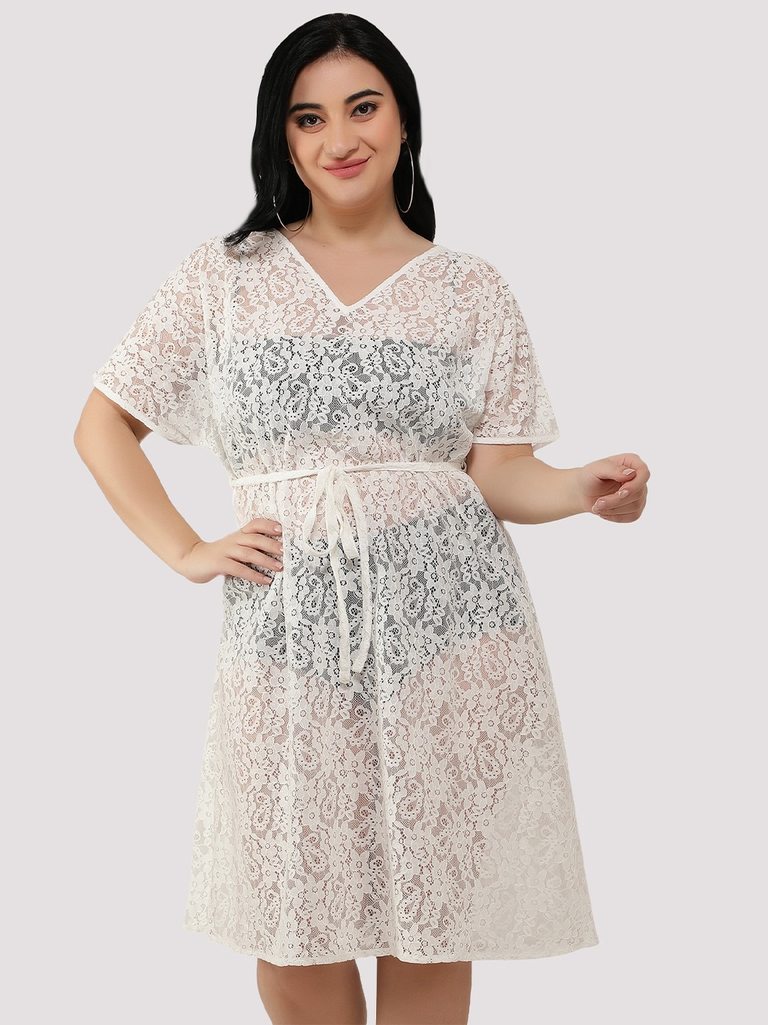 NUEVOSDAMAS Self Design Lace Swimwear Cover Dress, White