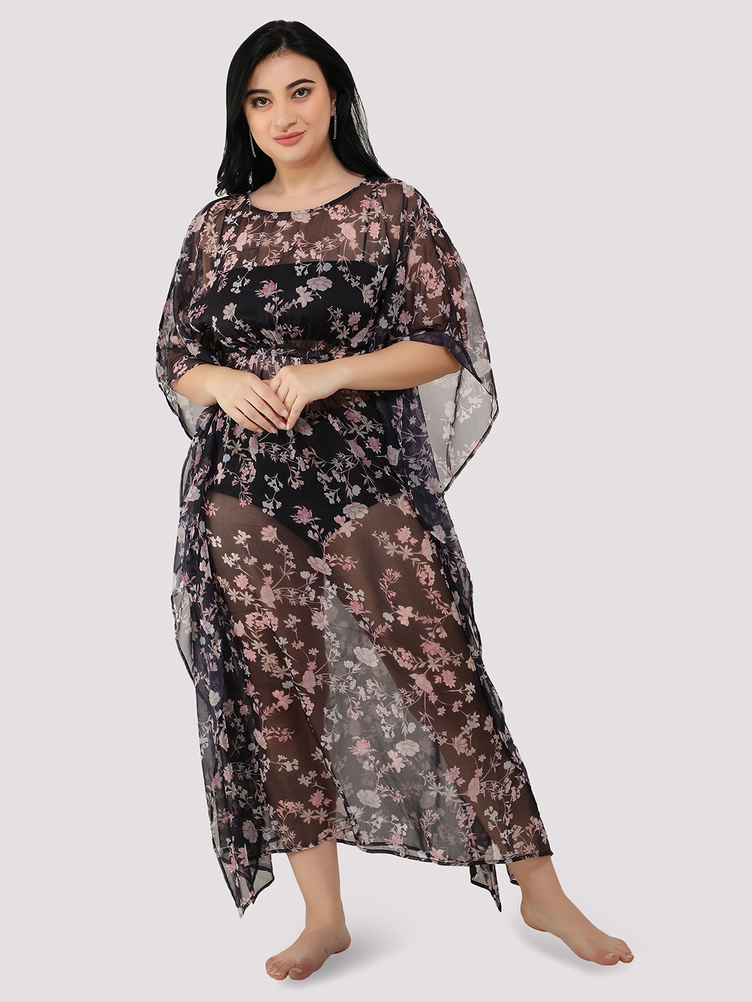 

NUEVOSDAMAS Floral Chiffon Kaftan Maxi Dress, Blue