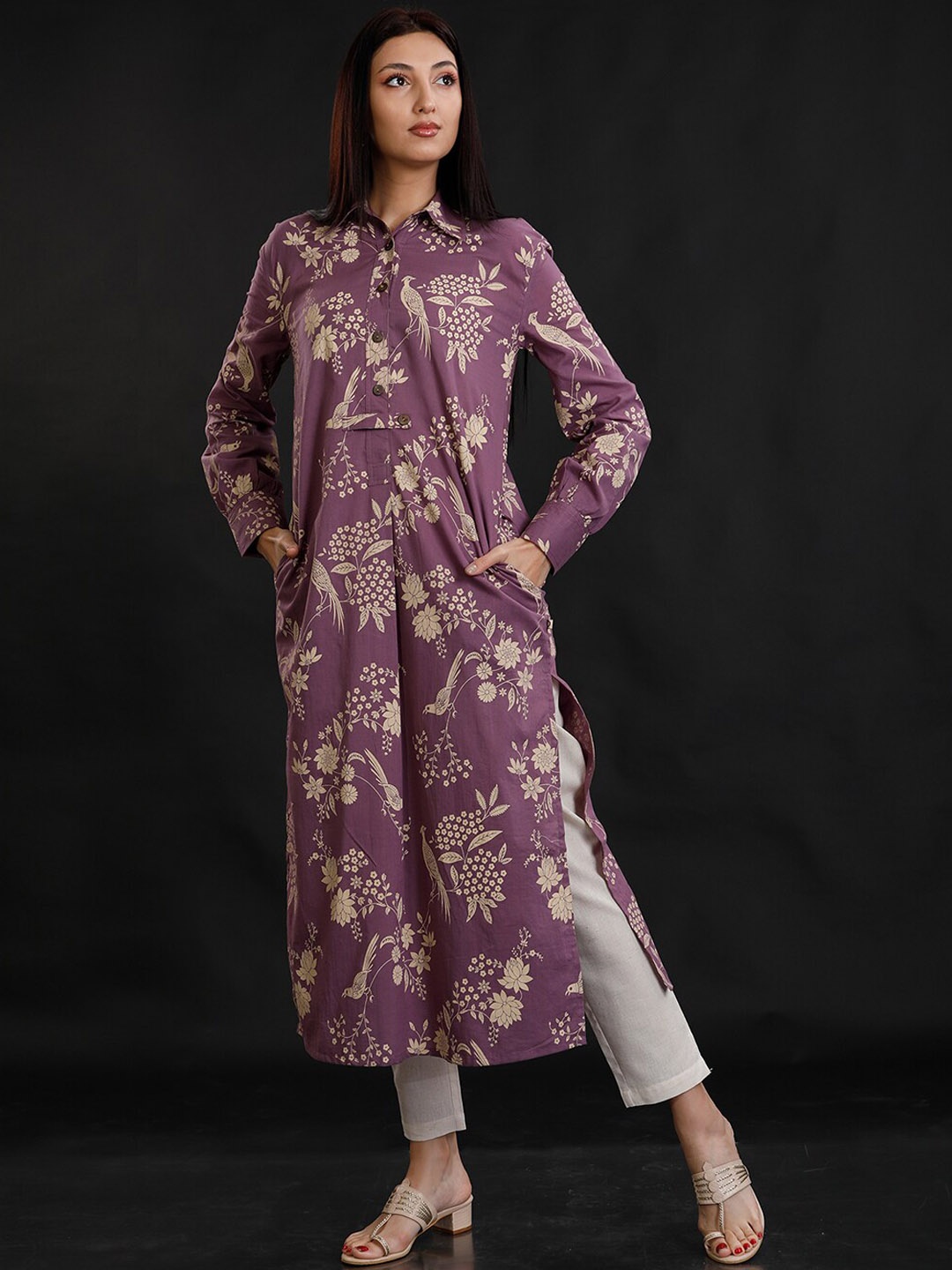 

FABNEST Shirt Collar Floral Printed Pathani Cotton Kurta, Purple