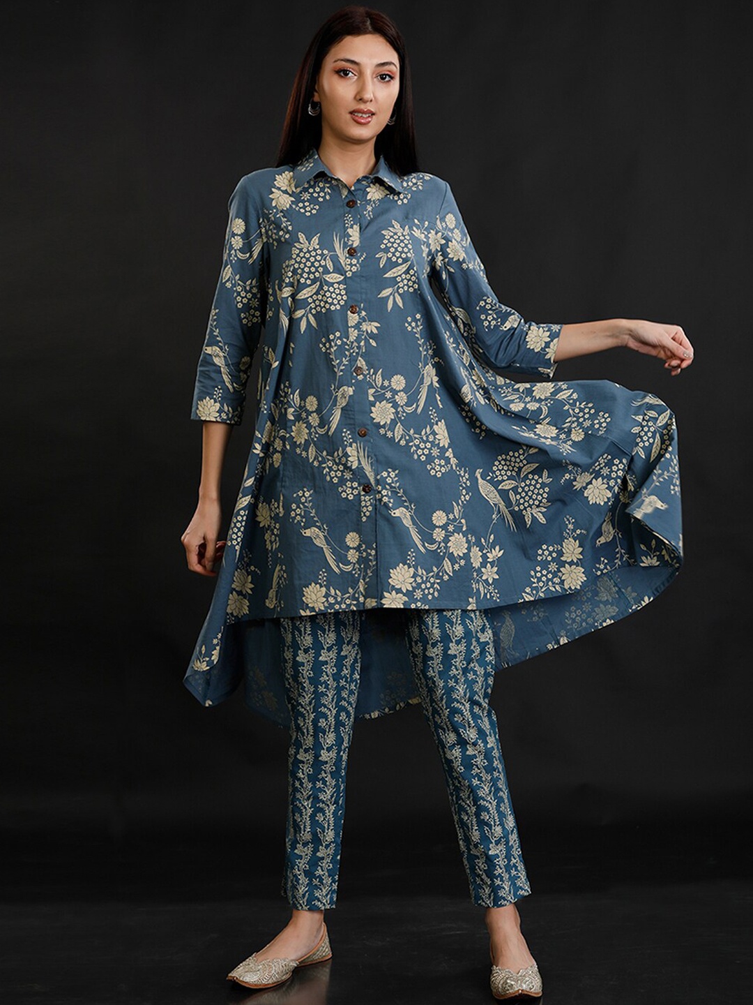 FABNEST Paneled Shirt Collar Floral Printed A-Line Cotton Kurta, Blue