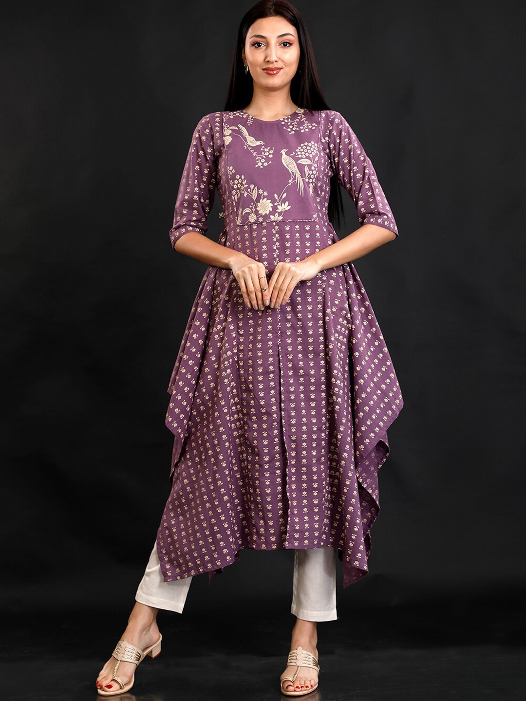 

FABNEST Ethnic Motifs Printed Asymmetric Front Slit Cotton Kurta, Purple