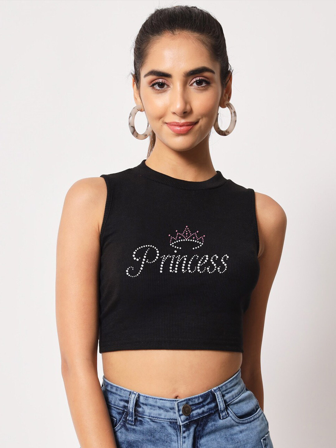 

Womenster Typography Printed Knitted Crop Top, Black