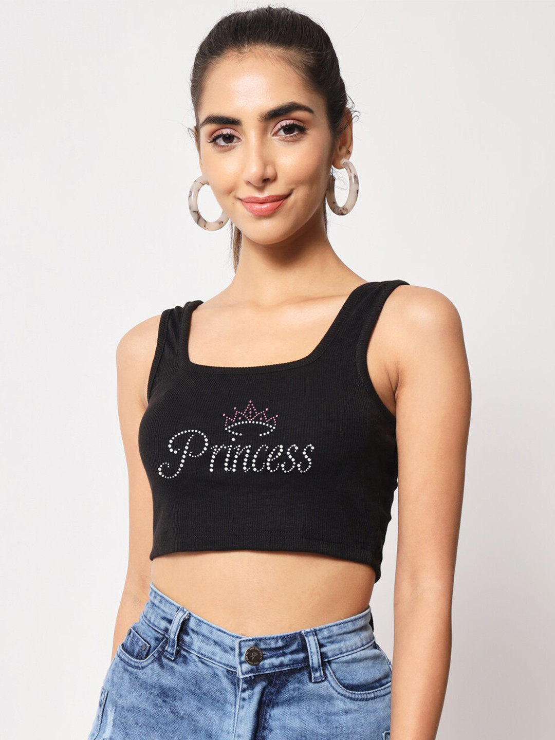 

Womenster Typography Printed Knitted Crop Top, Black