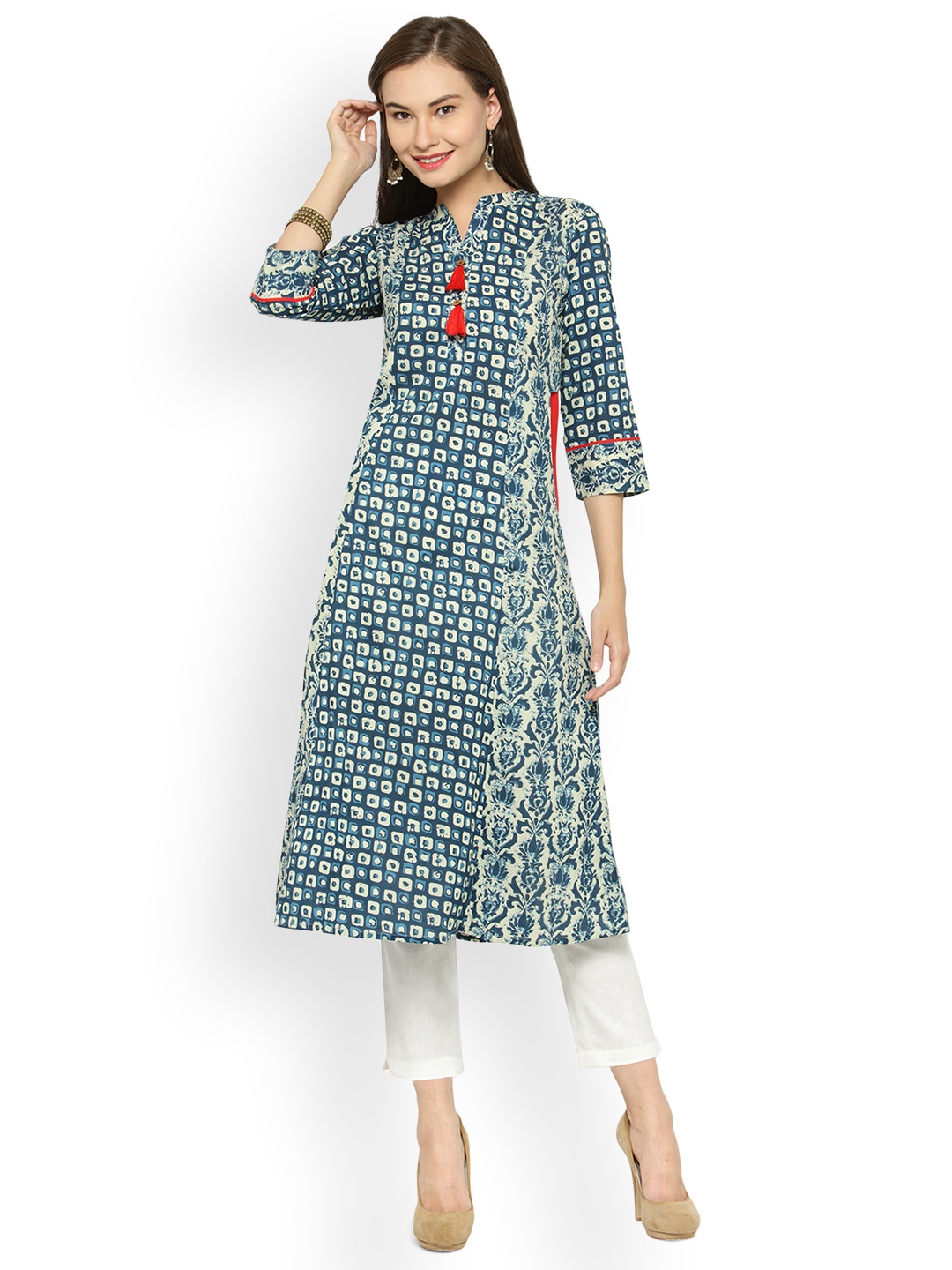 

Indibelle Women Blue & Cream-Coloured Printed Kurta with Trousers